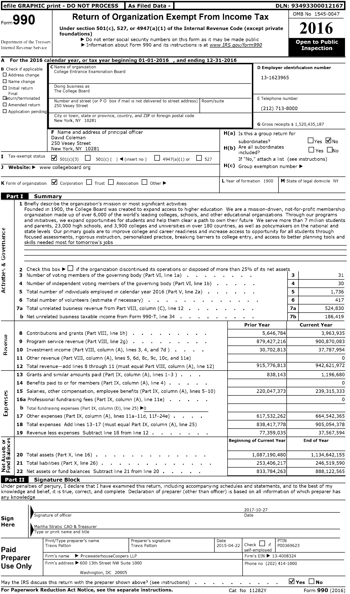 Image of first page of 2016 Form 990 for College Board