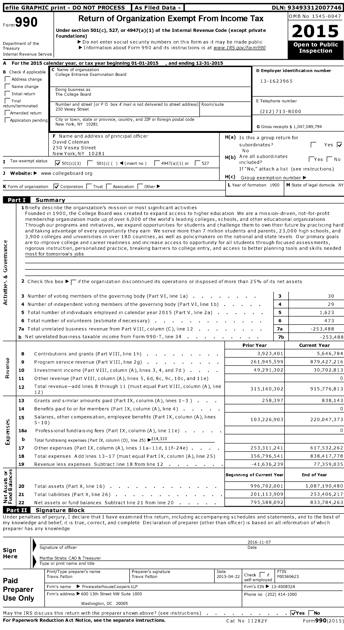 Image of first page of 2015 Form 990 for College Board