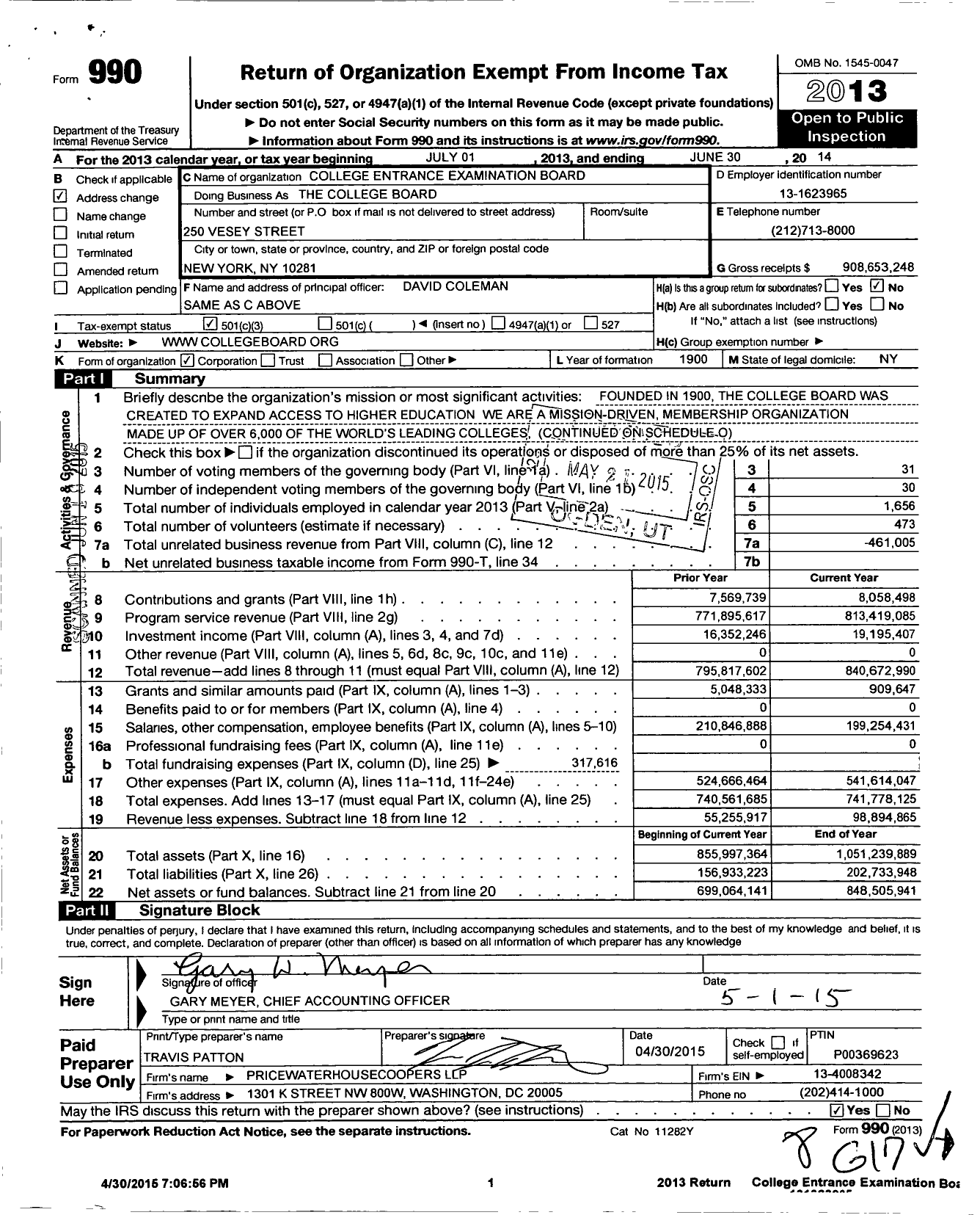 Image of first page of 2013 Form 990 for College Board