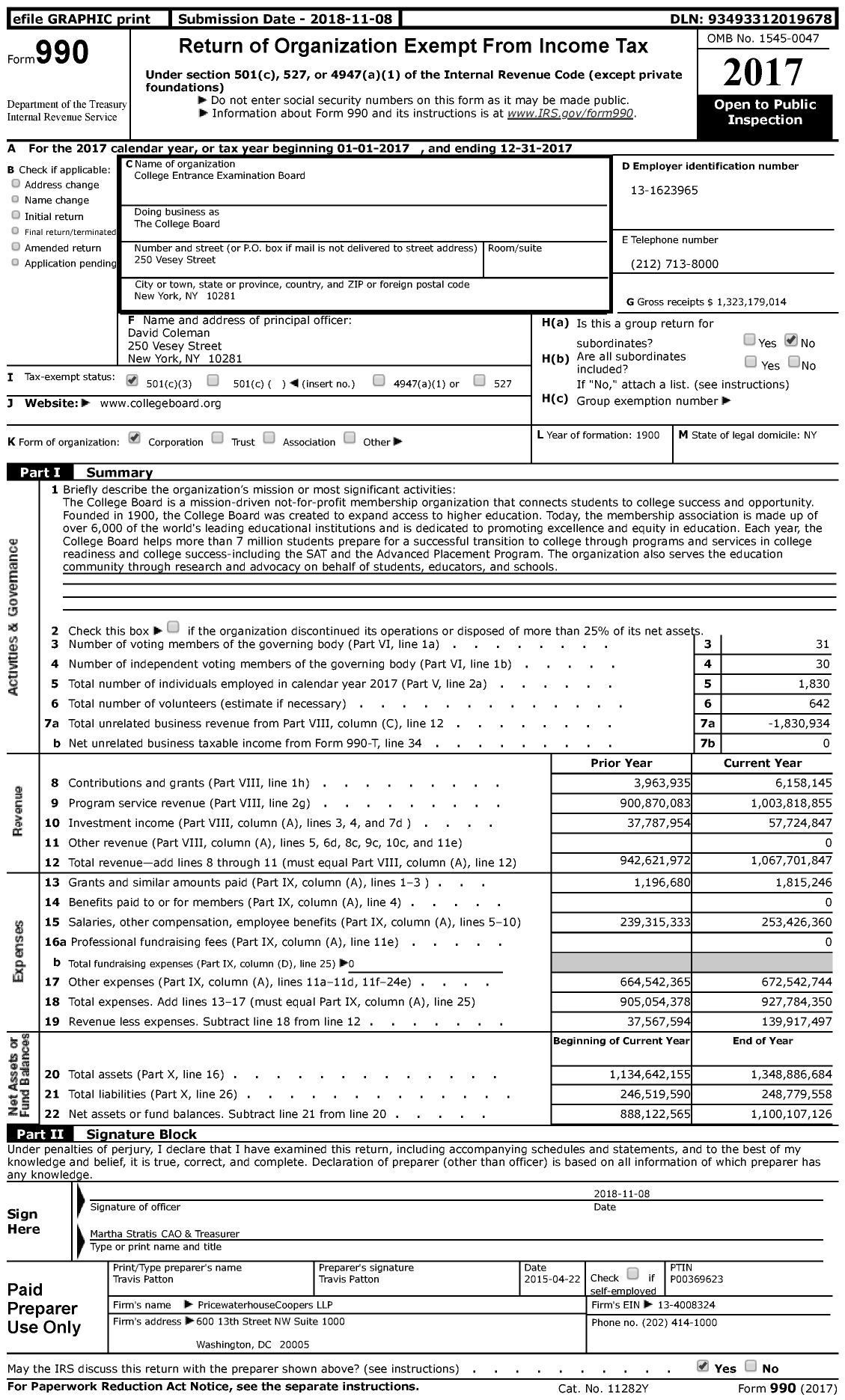 Image of first page of 2017 Form 990 for College Board