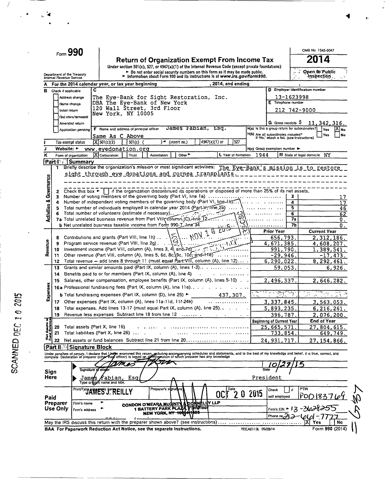 Image of first page of 2014 Form 990 for The Eye-Bank for Sight Restoration