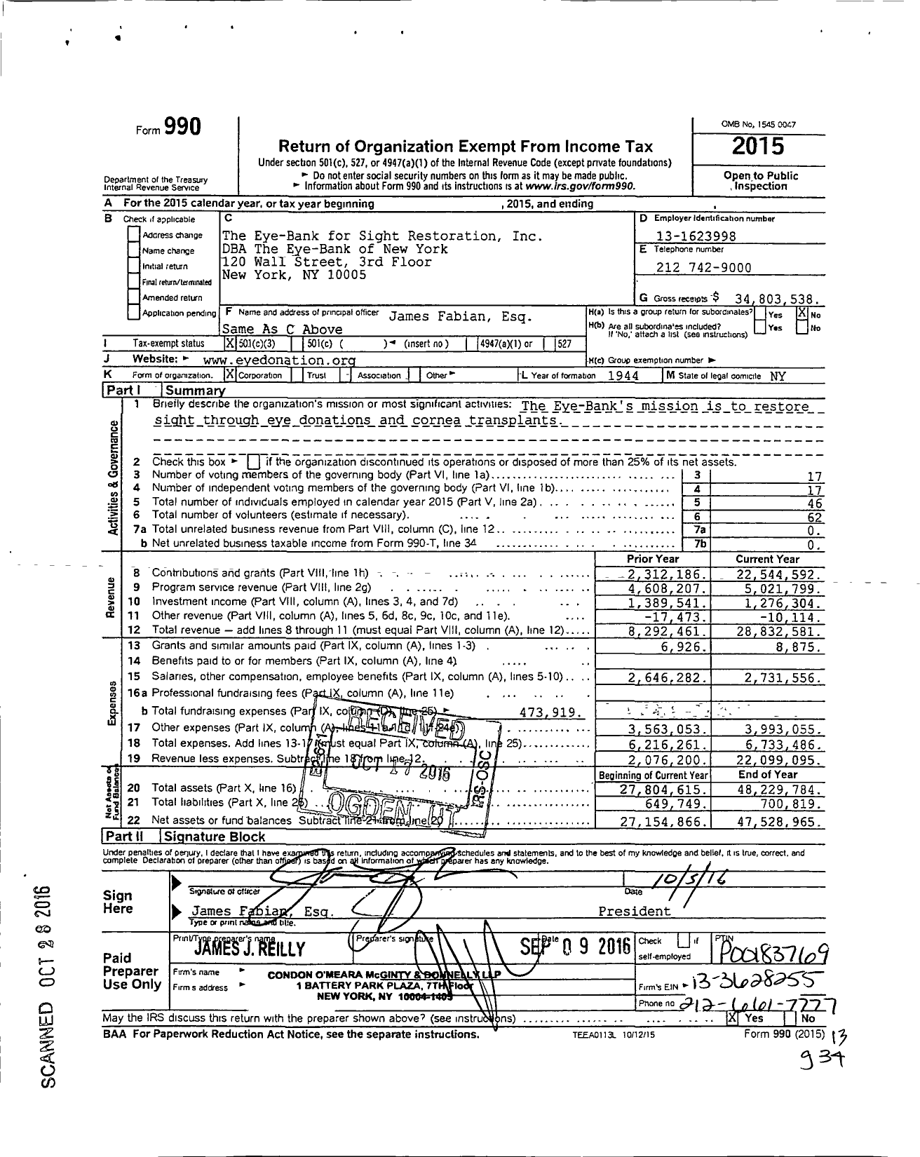 Image of first page of 2015 Form 990 for The Eye-Bank for Sight Restoration