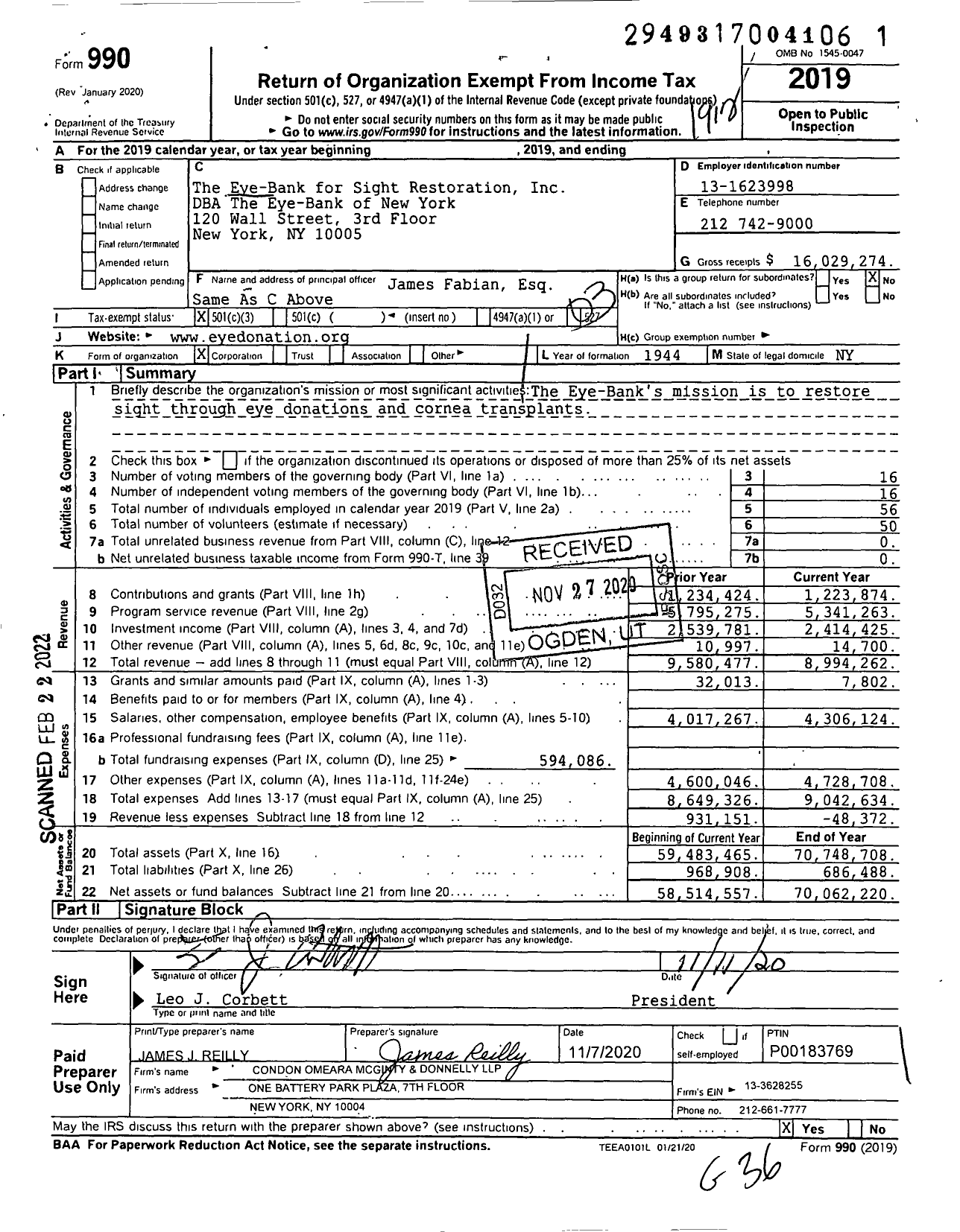 Image of first page of 2019 Form 990 for The Eye-Bank for Sight Restoration