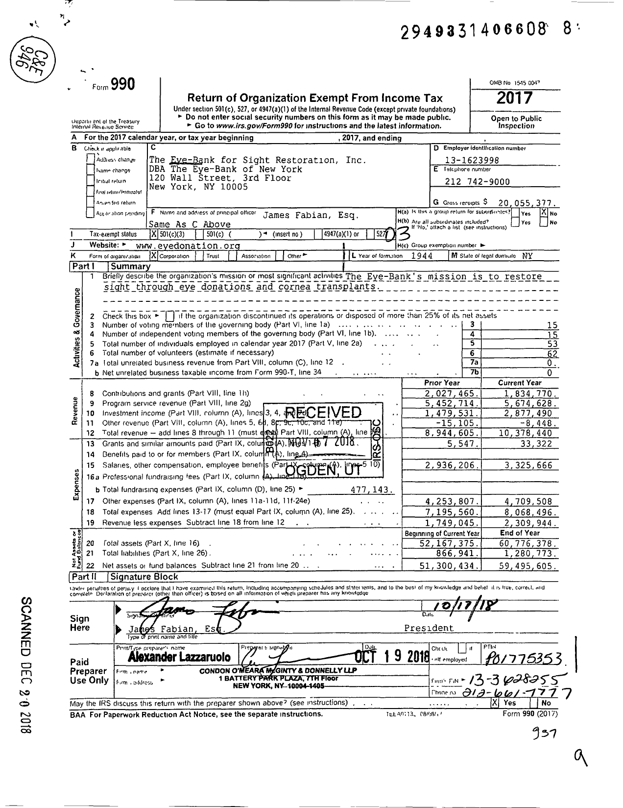 Image of first page of 2017 Form 990 for The Eye-Bank for Sight Restoration