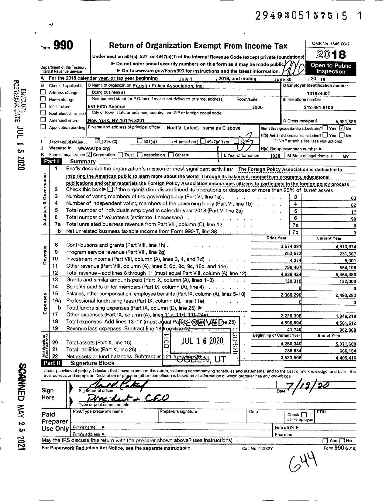 Image of first page of 2018 Form 990 for Foreign Policy Association