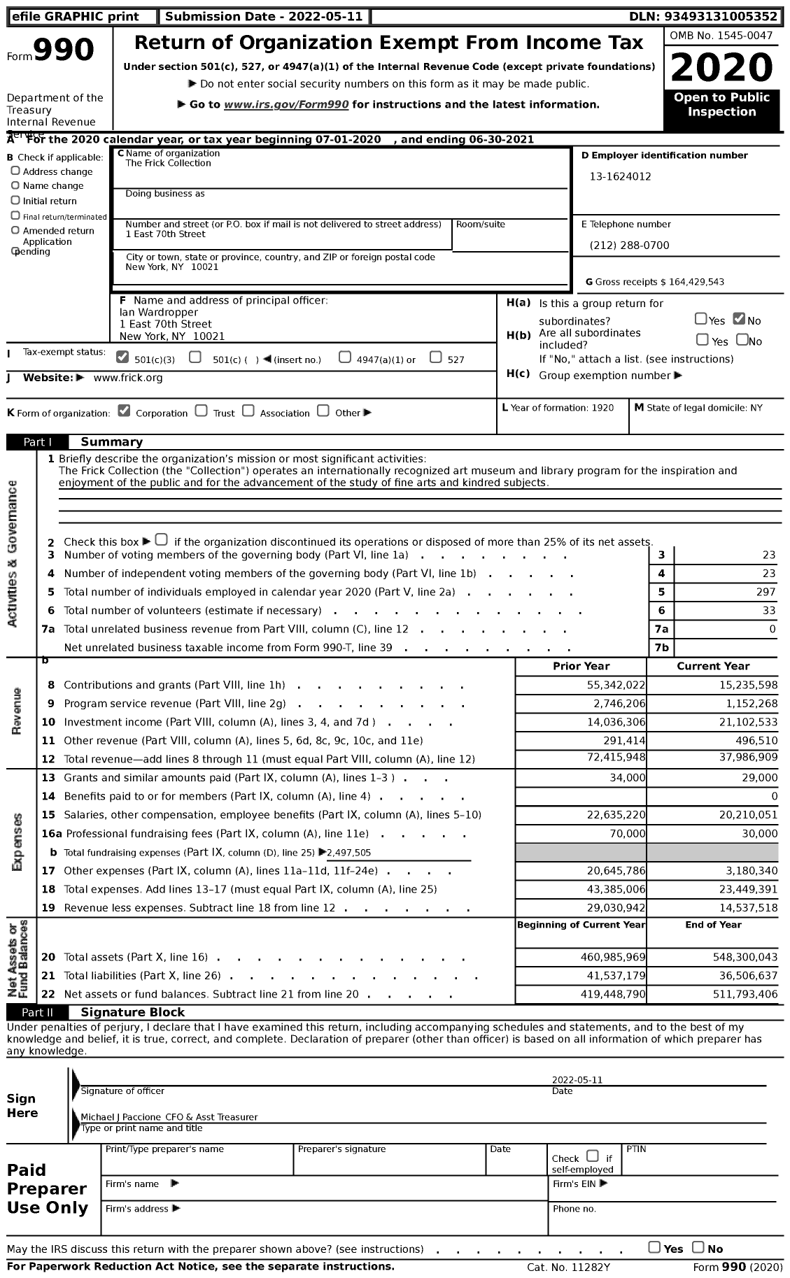 Image of first page of 2020 Form 990 for The Frick Collection