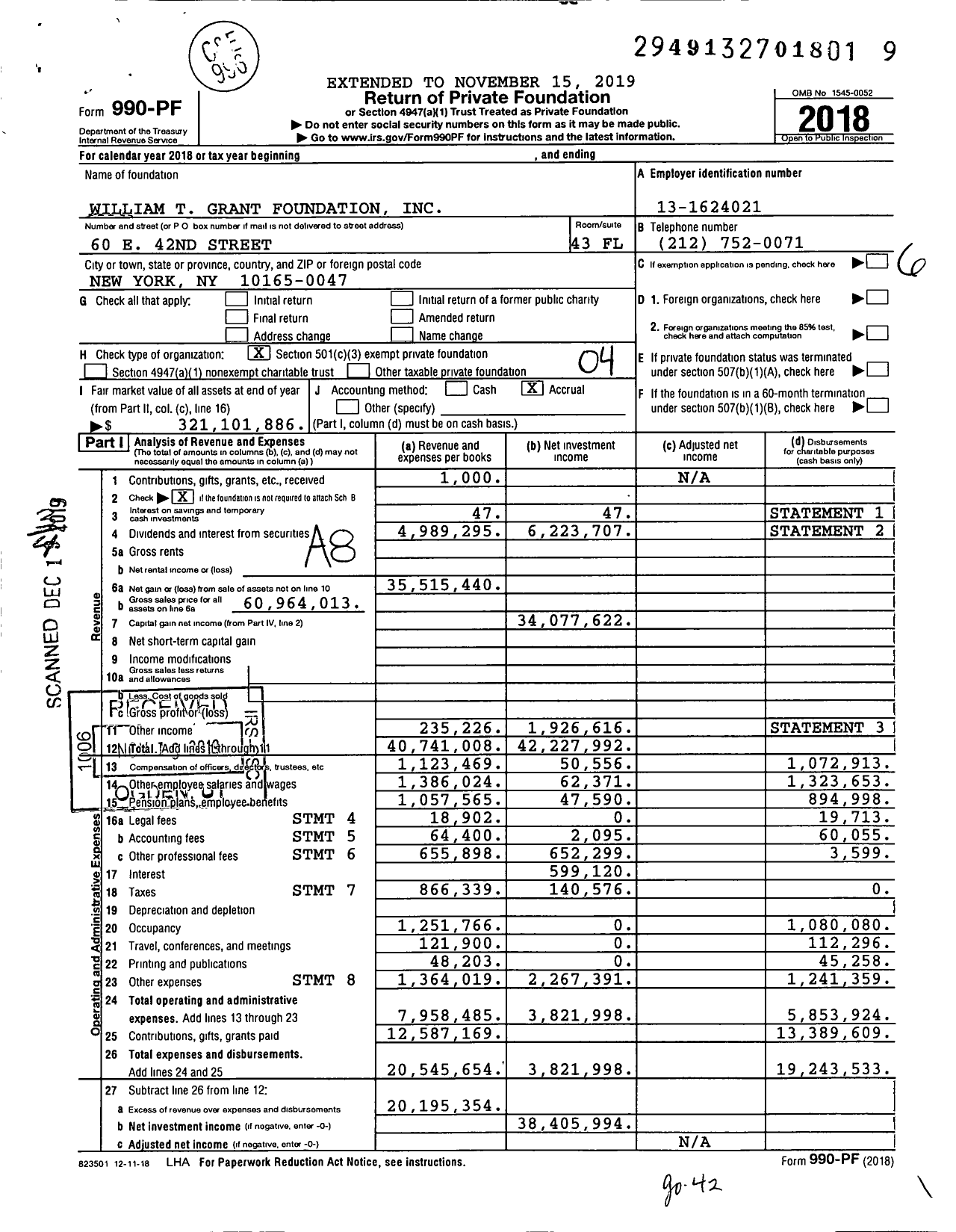 Image of first page of 2018 Form 990PF for William T Grant Foundation