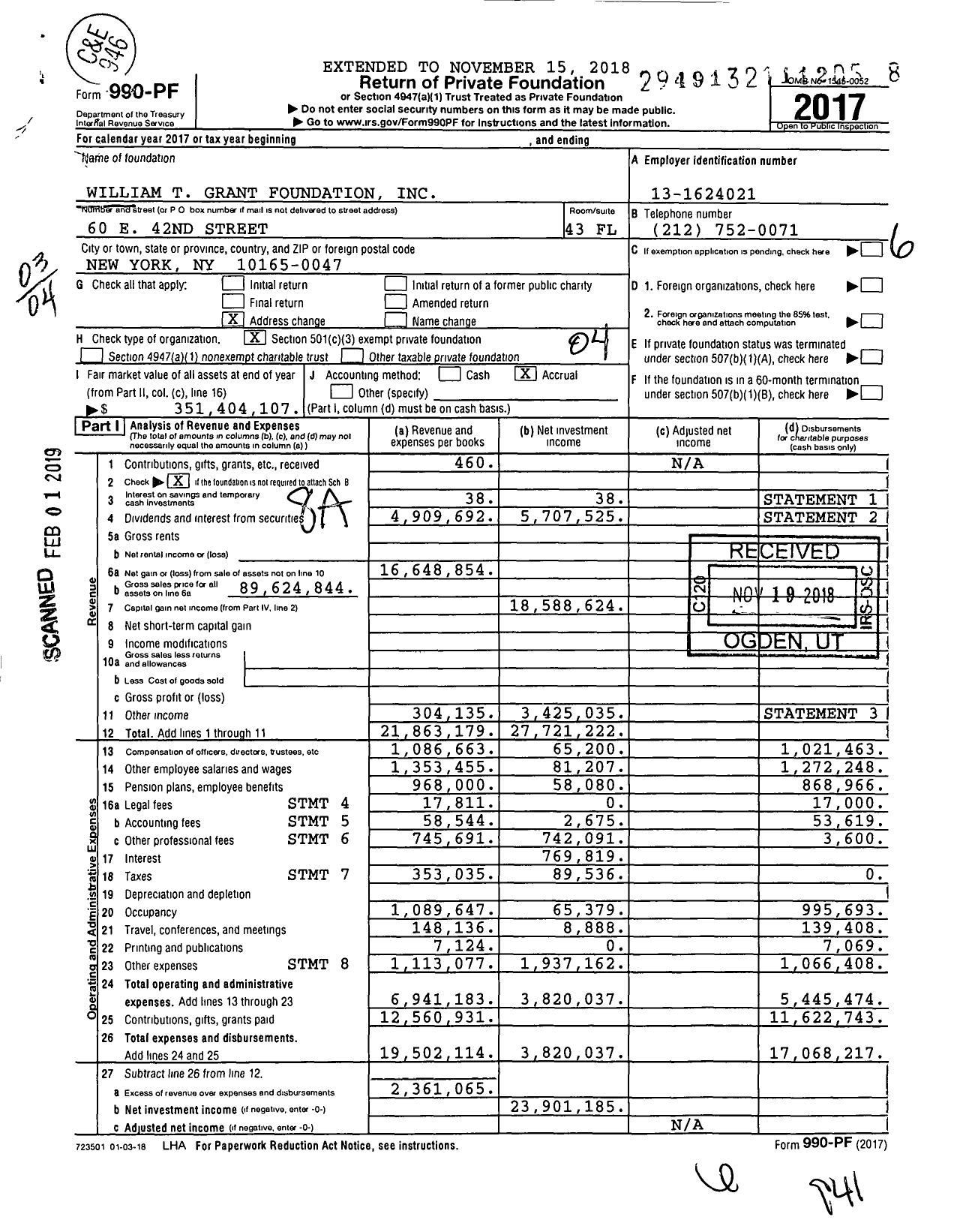 Image of first page of 2017 Form 990PF for William T Grant Foundation