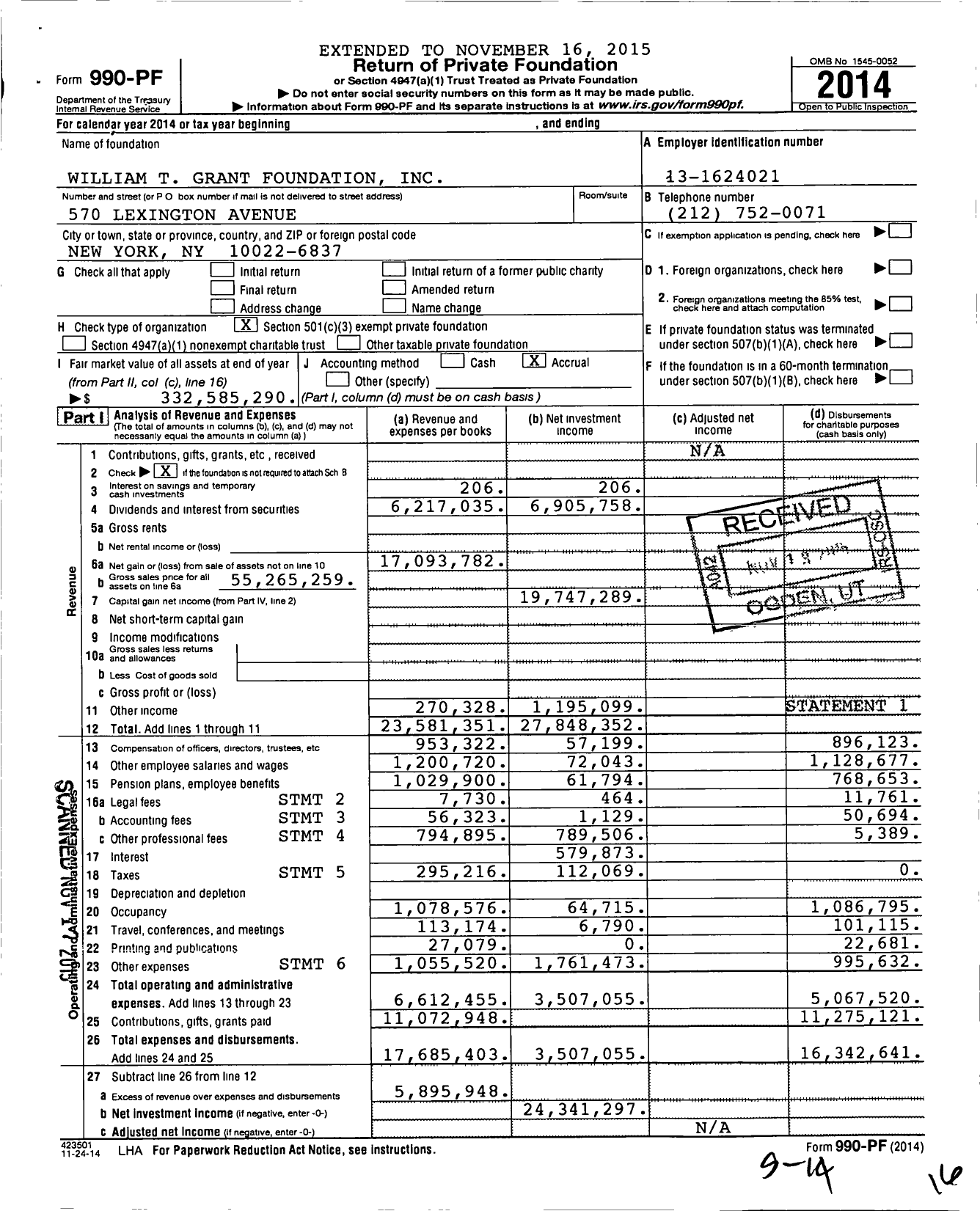 Image of first page of 2014 Form 990PF for William T Grant Foundation
