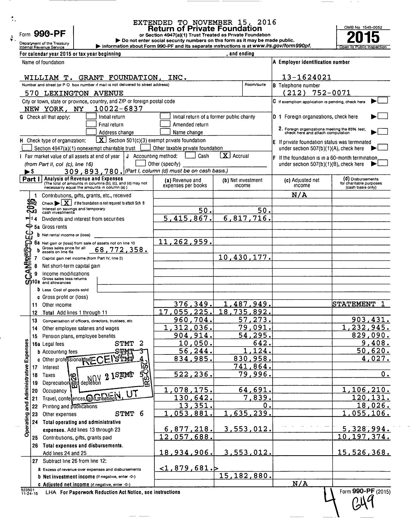 Image of first page of 2015 Form 990PF for William T Grant Foundation