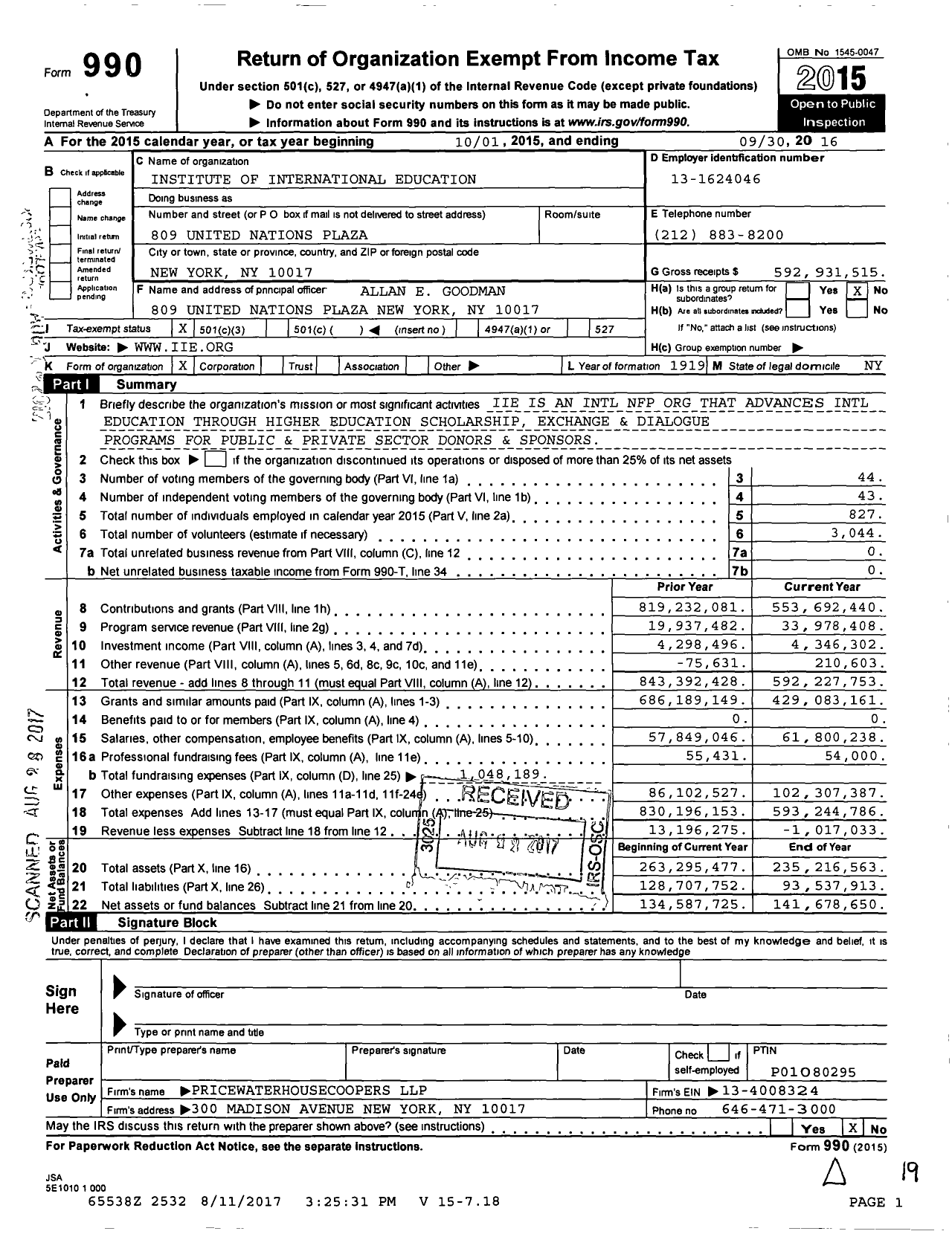 Image of first page of 2015 Form 990 for Institute of International Education