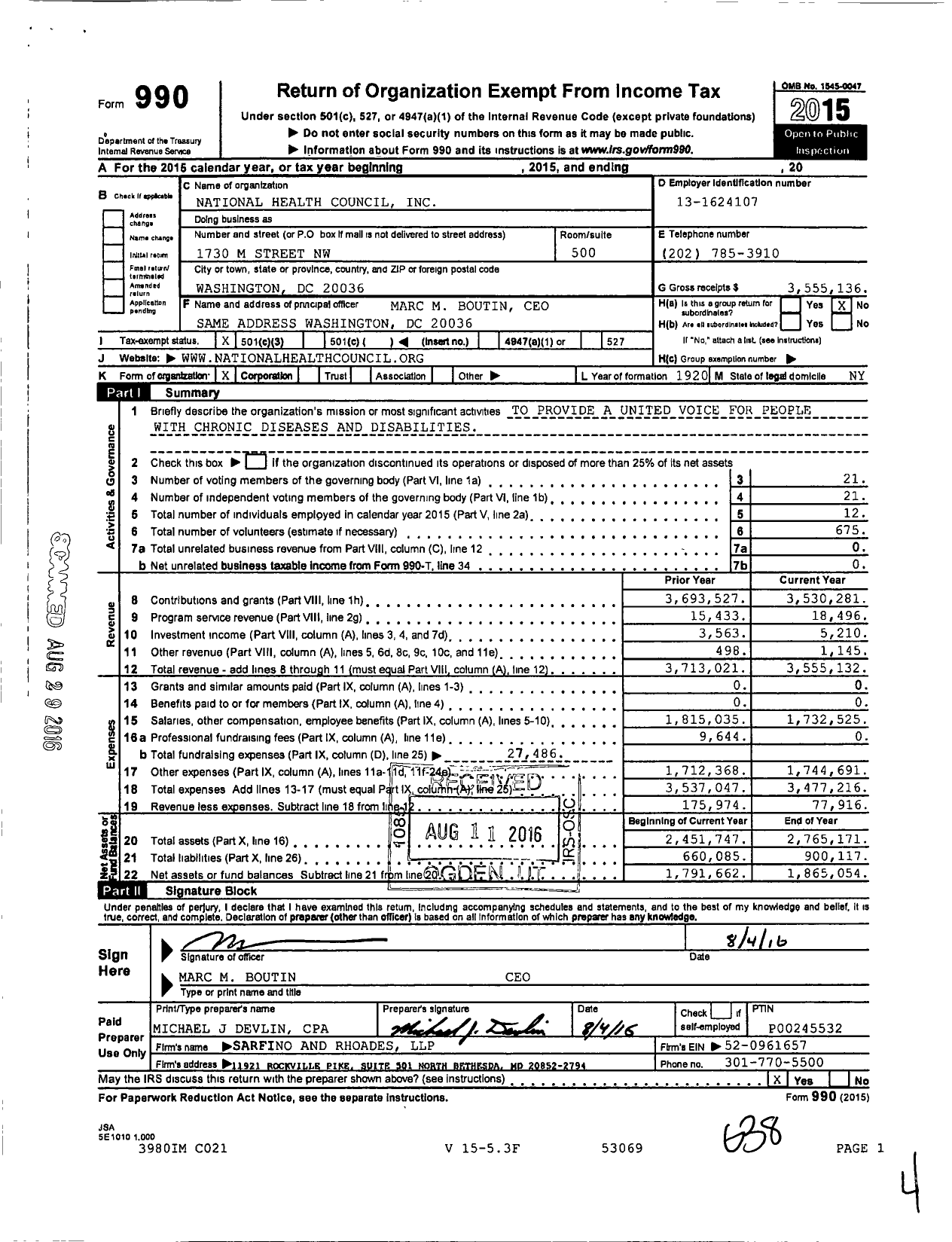 Image of first page of 2015 Form 990 for National Health Council