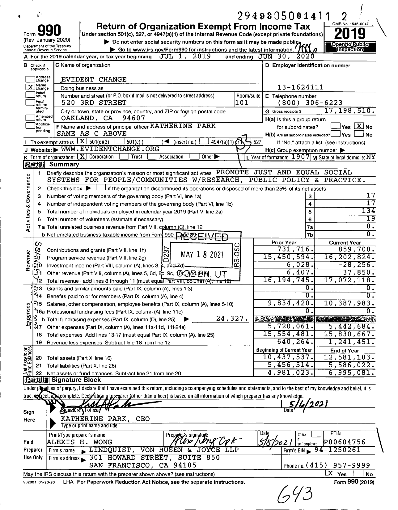 Image of first page of 2019 Form 990 for Evident Change (NCCD)