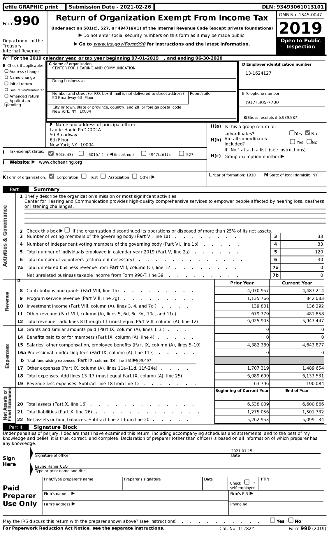 Image of first page of 2019 Form 990 for Center for Hearing and Communication