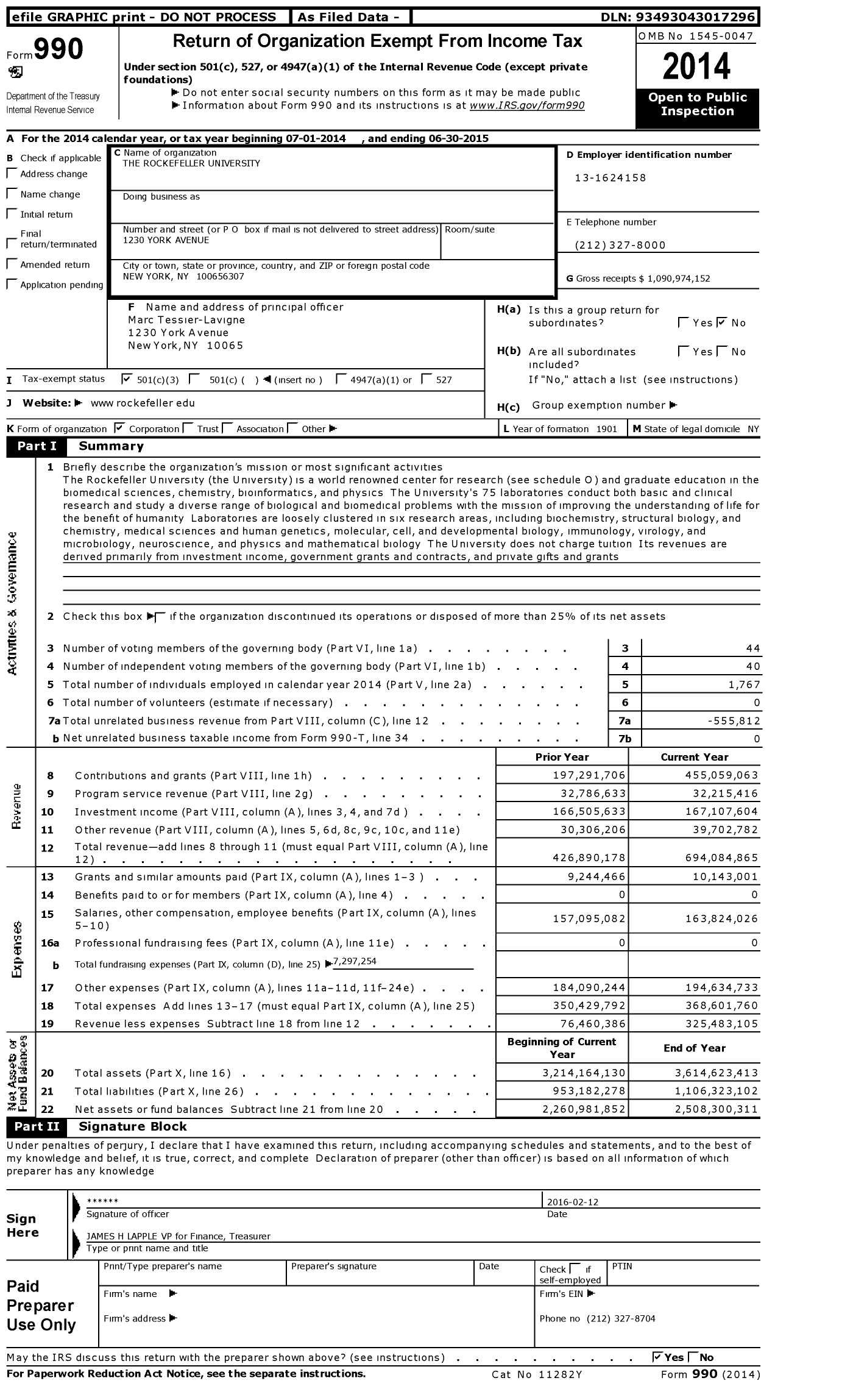 Image of first page of 2014 Form 990 for The Rockefeller University