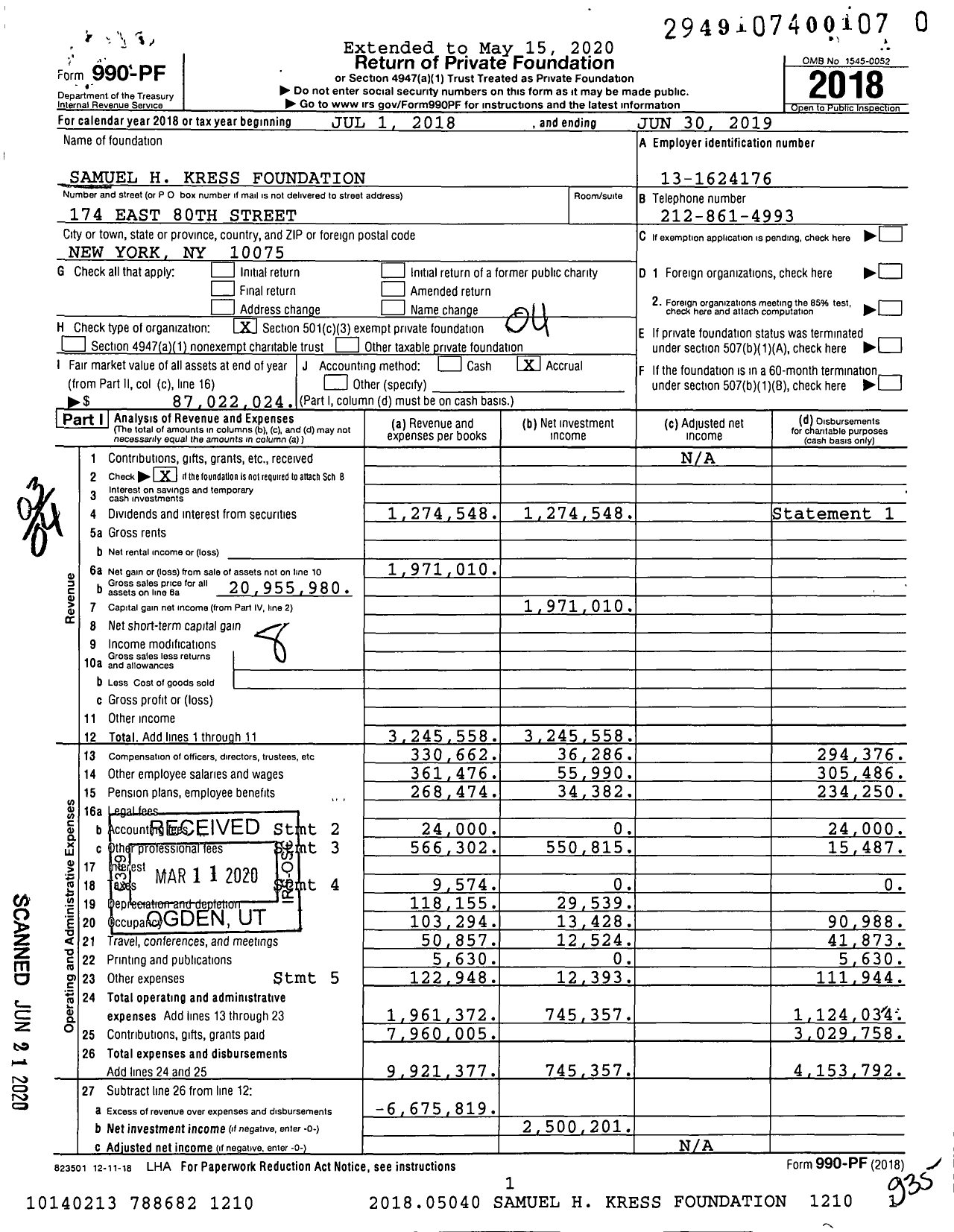 Image of first page of 2018 Form 990PR for Samuel H Kress Foundation