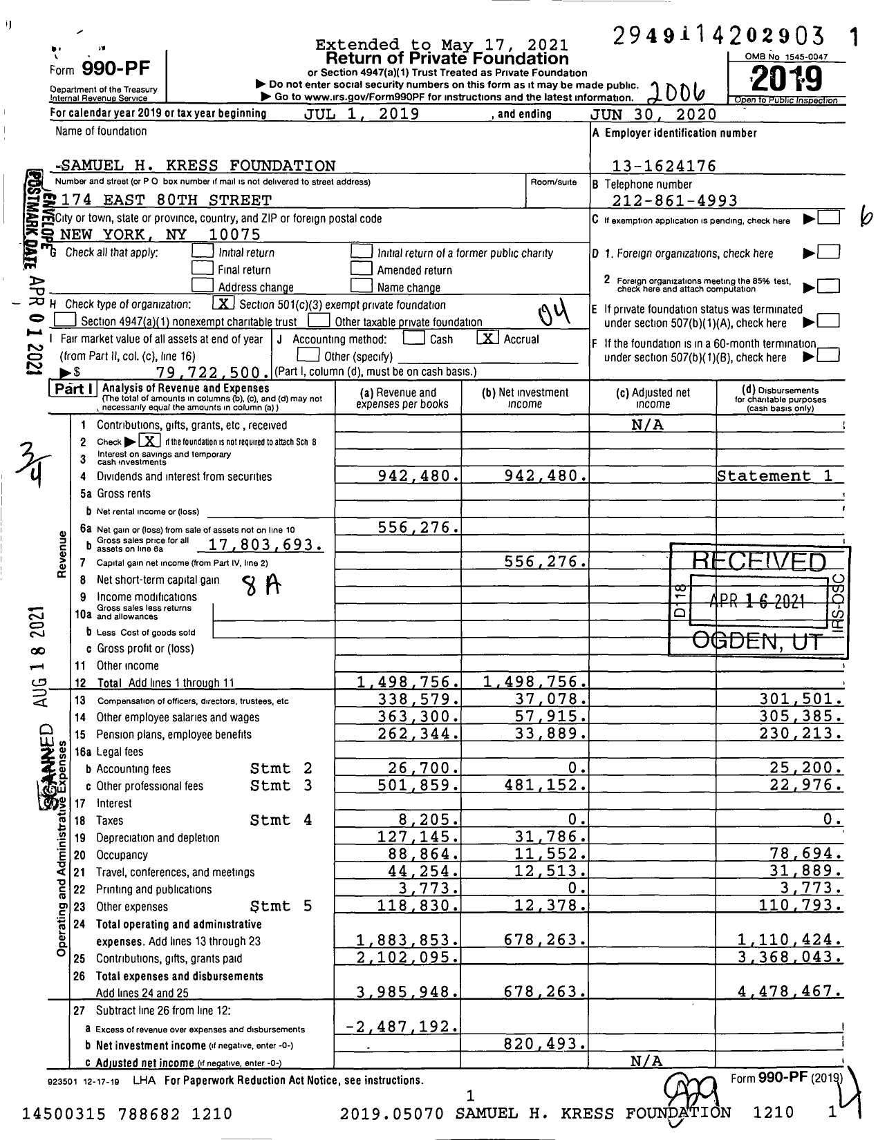 Image of first page of 2019 Form 990PF for Samuel H Kress Foundation