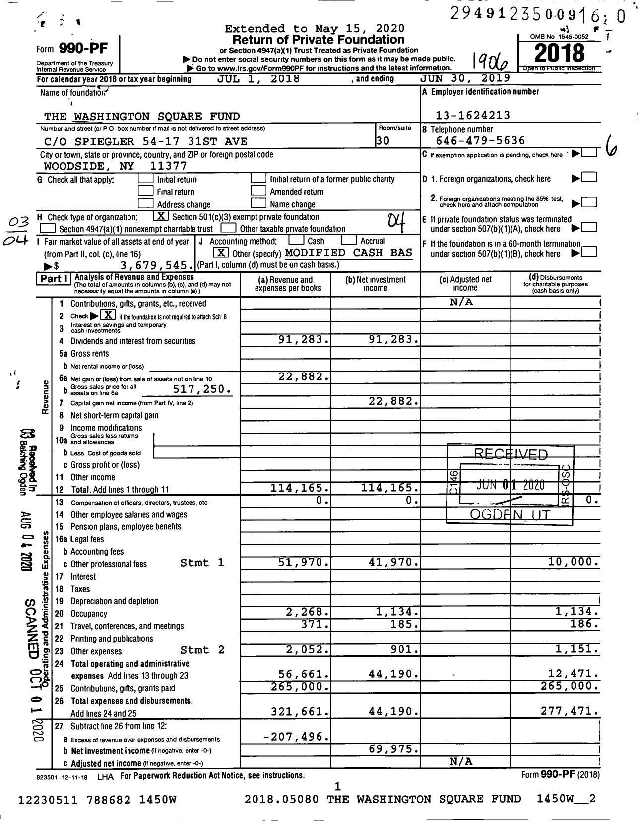 Image of first page of 2018 Form 990PR for Washington Square Fund