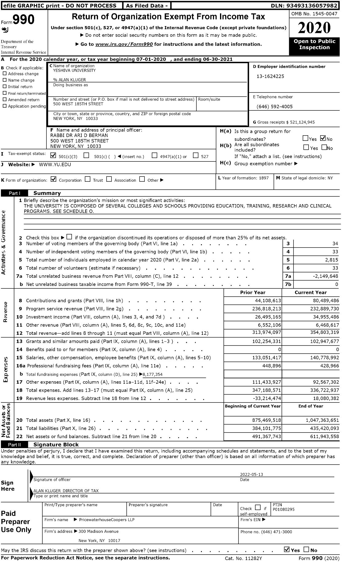 Image of first page of 2020 Form 990 for Yeshiva University (YU)