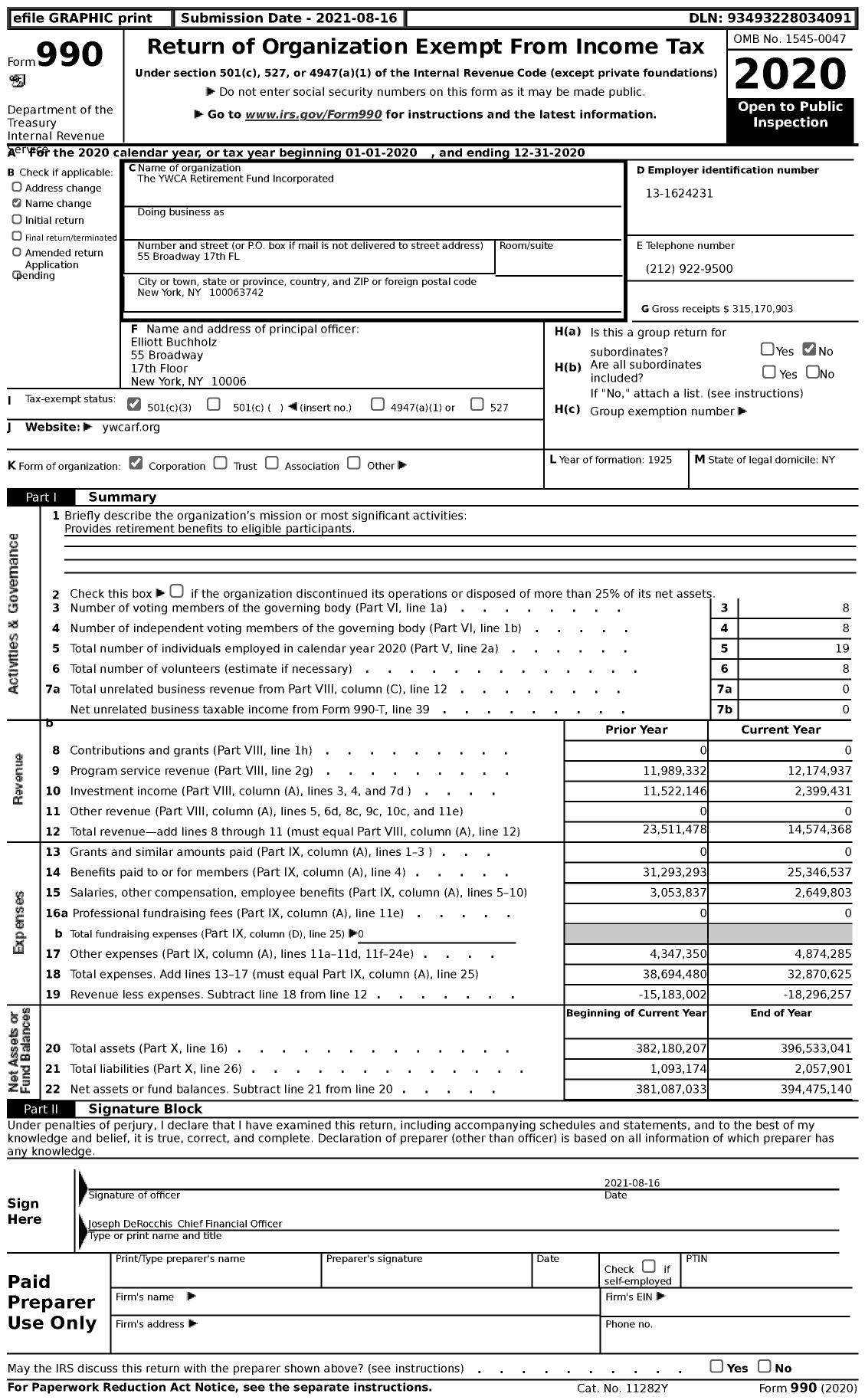 Image of first page of 2020 Form 990 for The YWCA Retirement Fund Incorporated