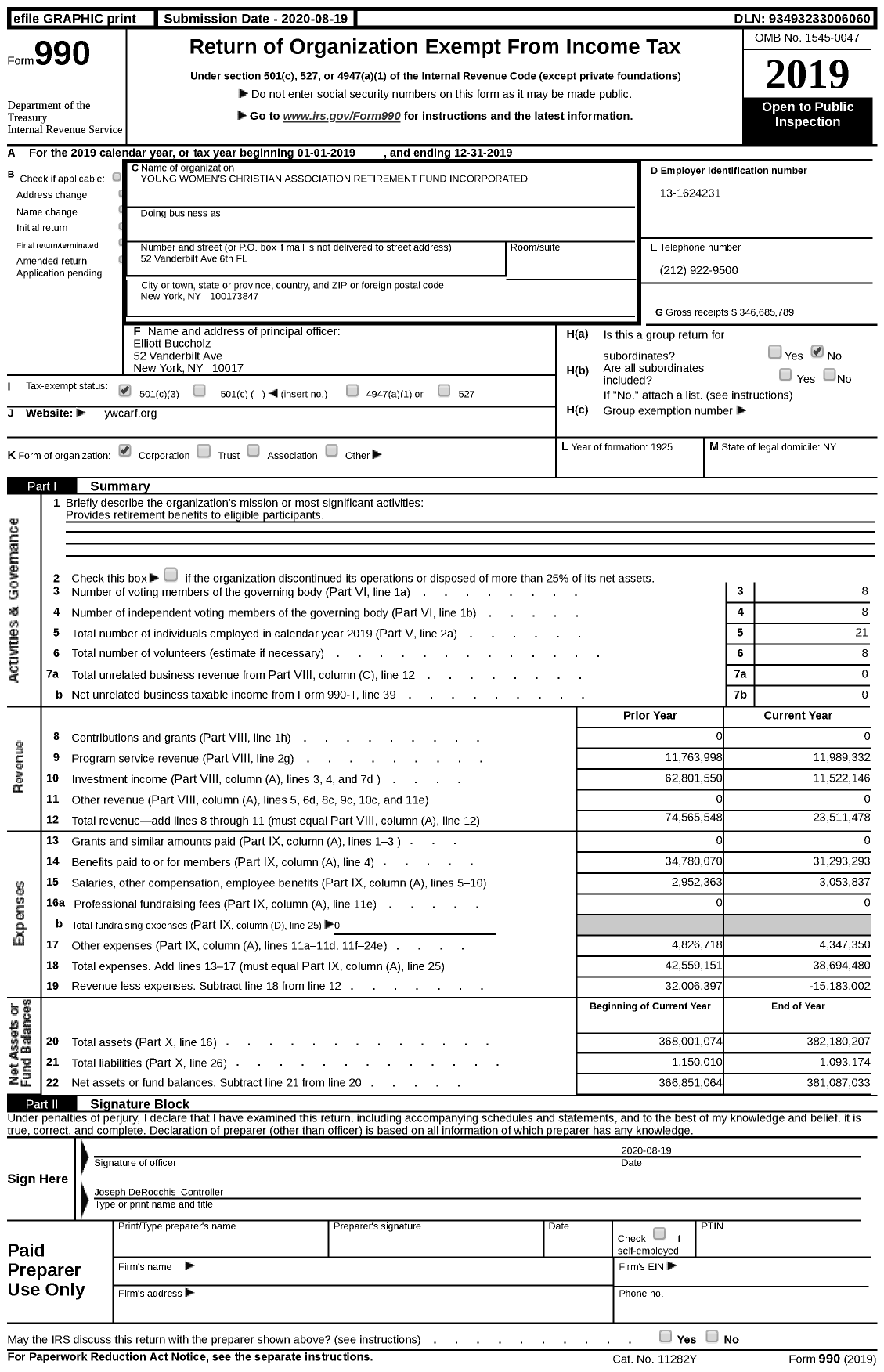 Image of first page of 2019 Form 990 for The YWCA Retirement Fund Incorporated
