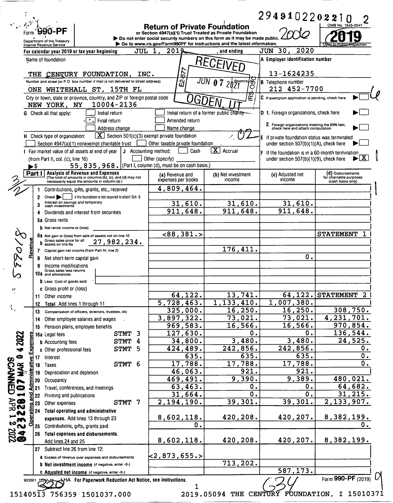 Image of first page of 2019 Form 990PF for The Century Foundation