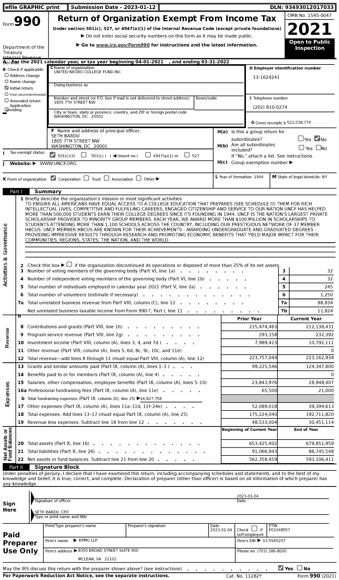 Image of first page of 2021 Form 990 for United Negro College Fund