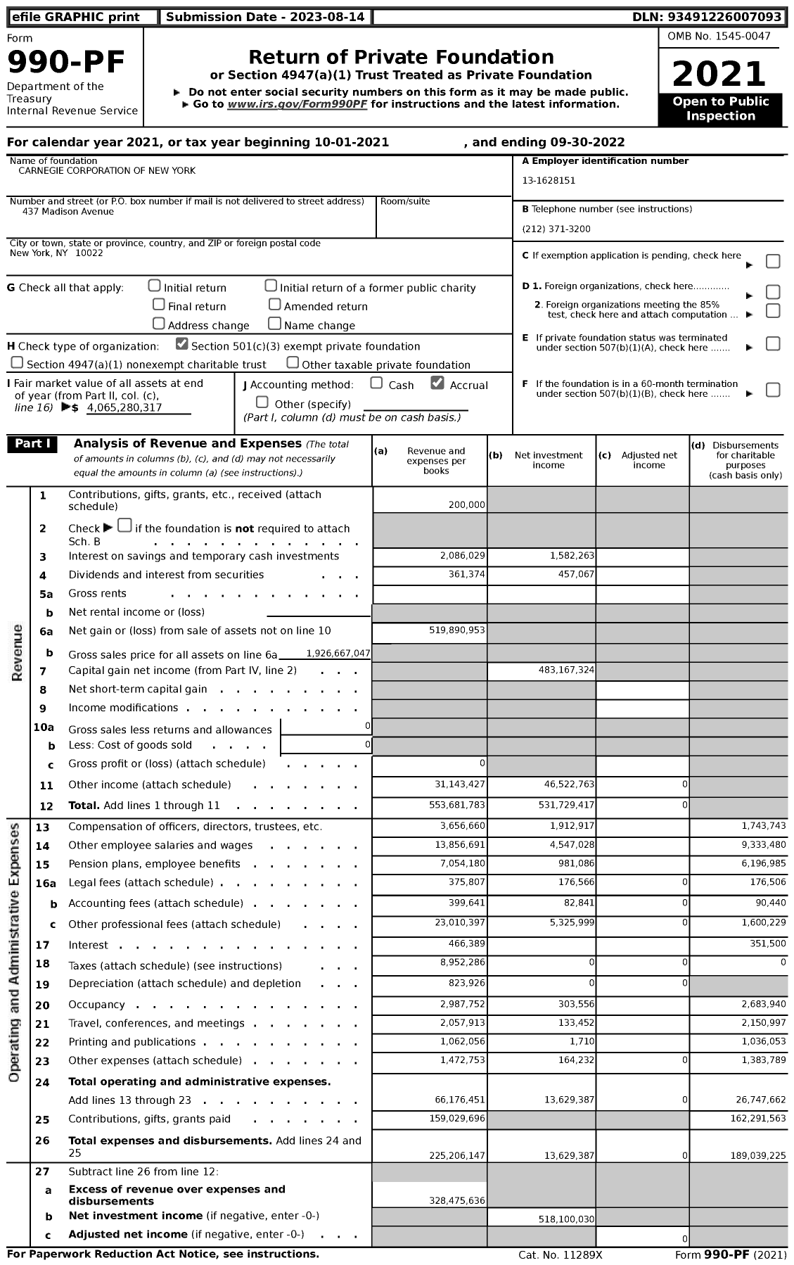 Image of first page of 2021 Form 990PF for Carnegie Corporation of New York