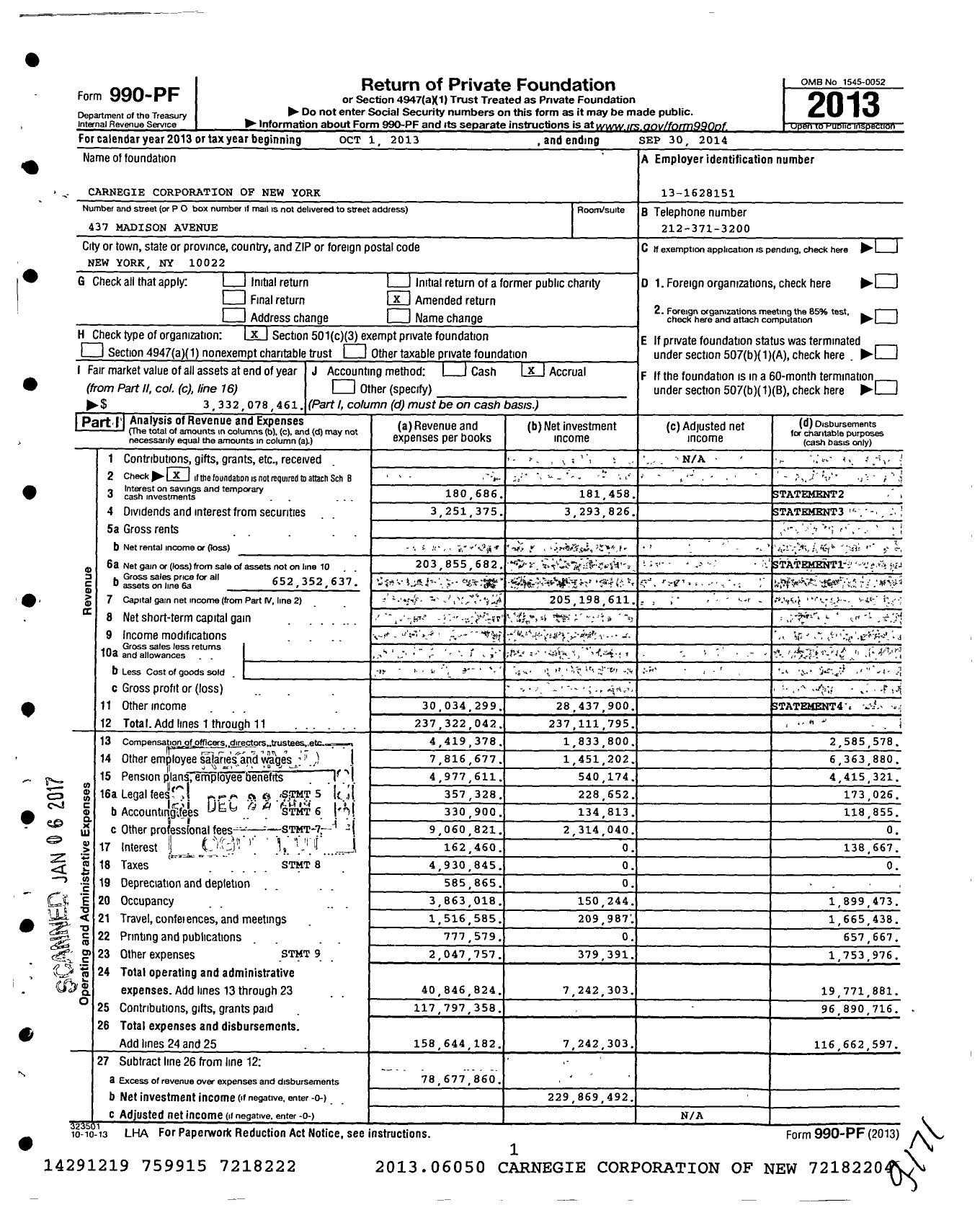 Image of first page of 2013 Form 990PF for Carnegie Corporation of New York