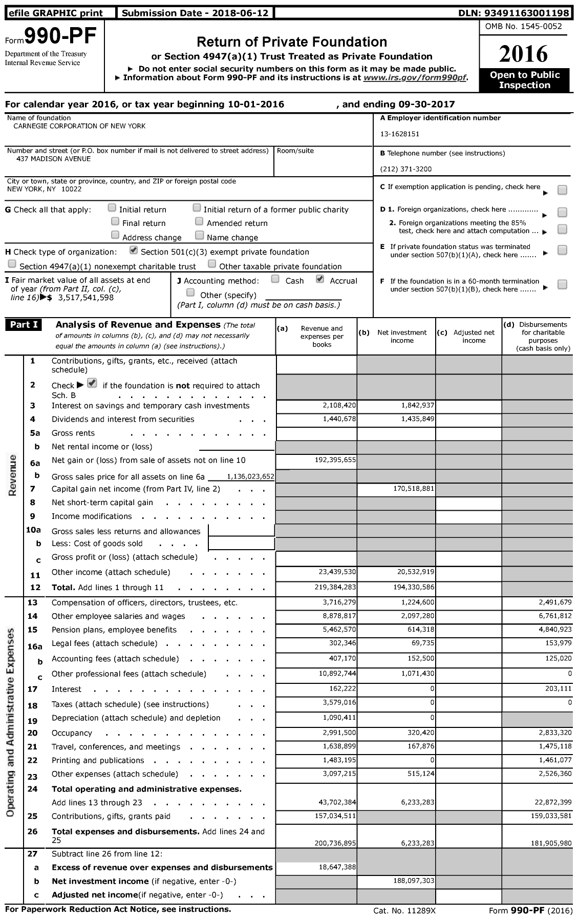 Image of first page of 2016 Form 990PF for Carnegie Corporation of New York
