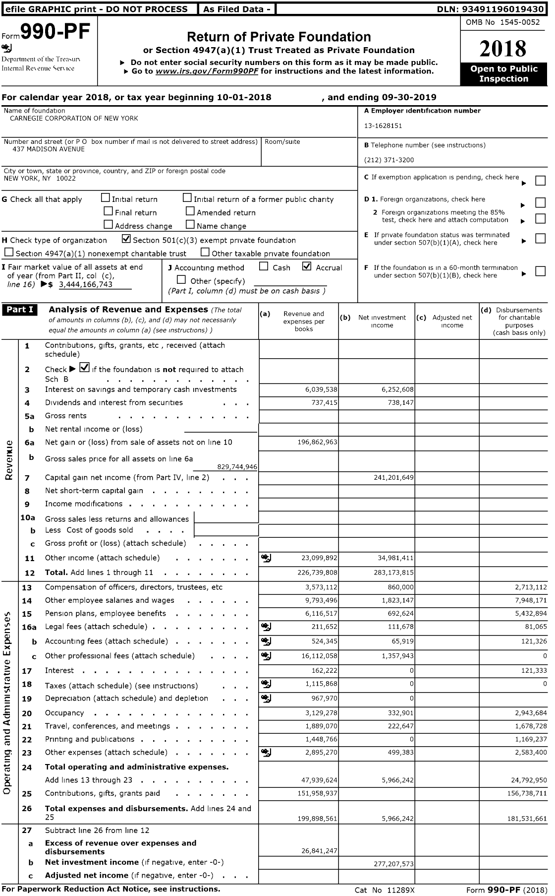 Image of first page of 2018 Form 990PR for Carnegie Corporation of New York