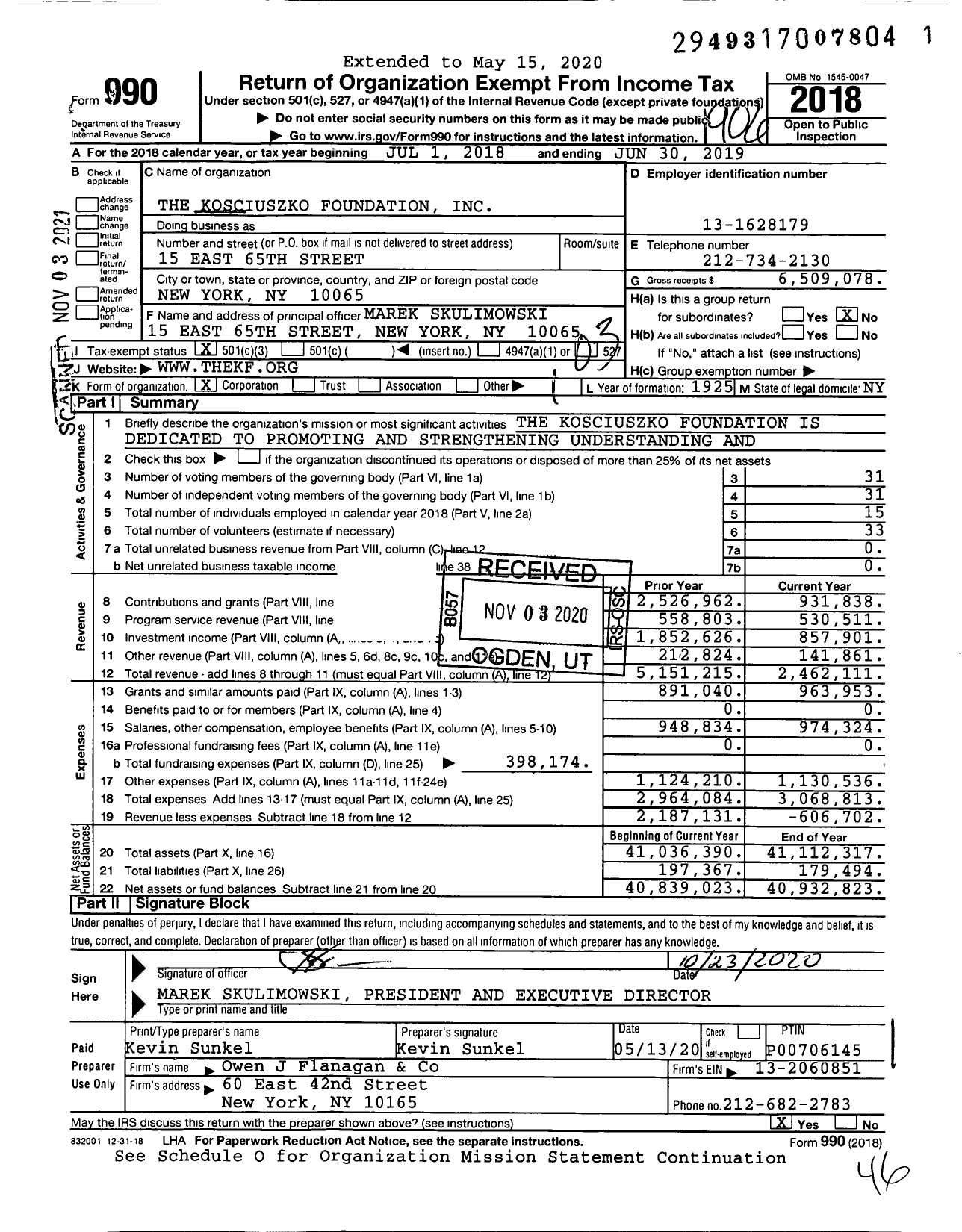 Image of first page of 2018 Form 990 for The Kosciuszko Foundation