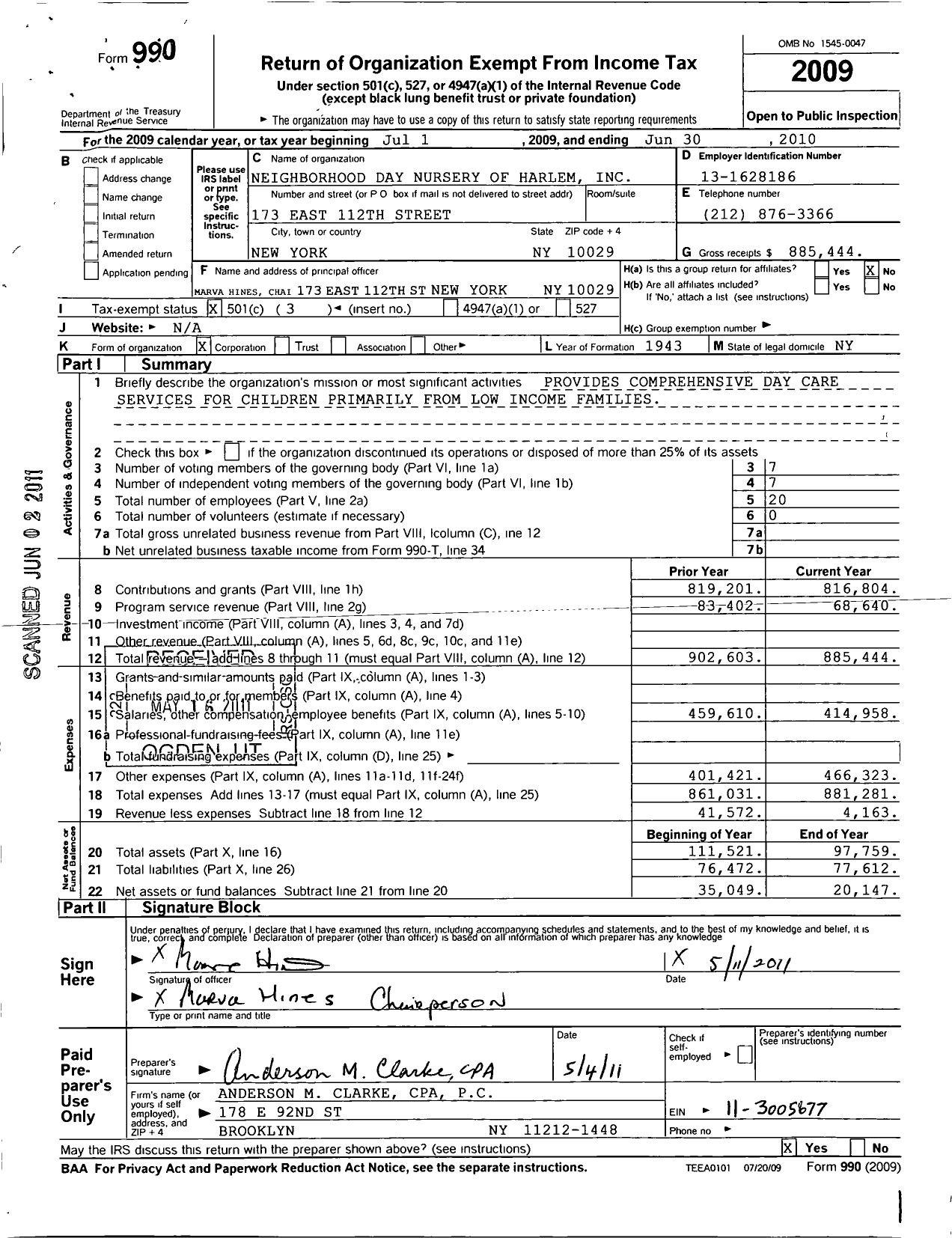 Image of first page of 2009 Form 990 for Neighborhood Day Nursery of Harlem