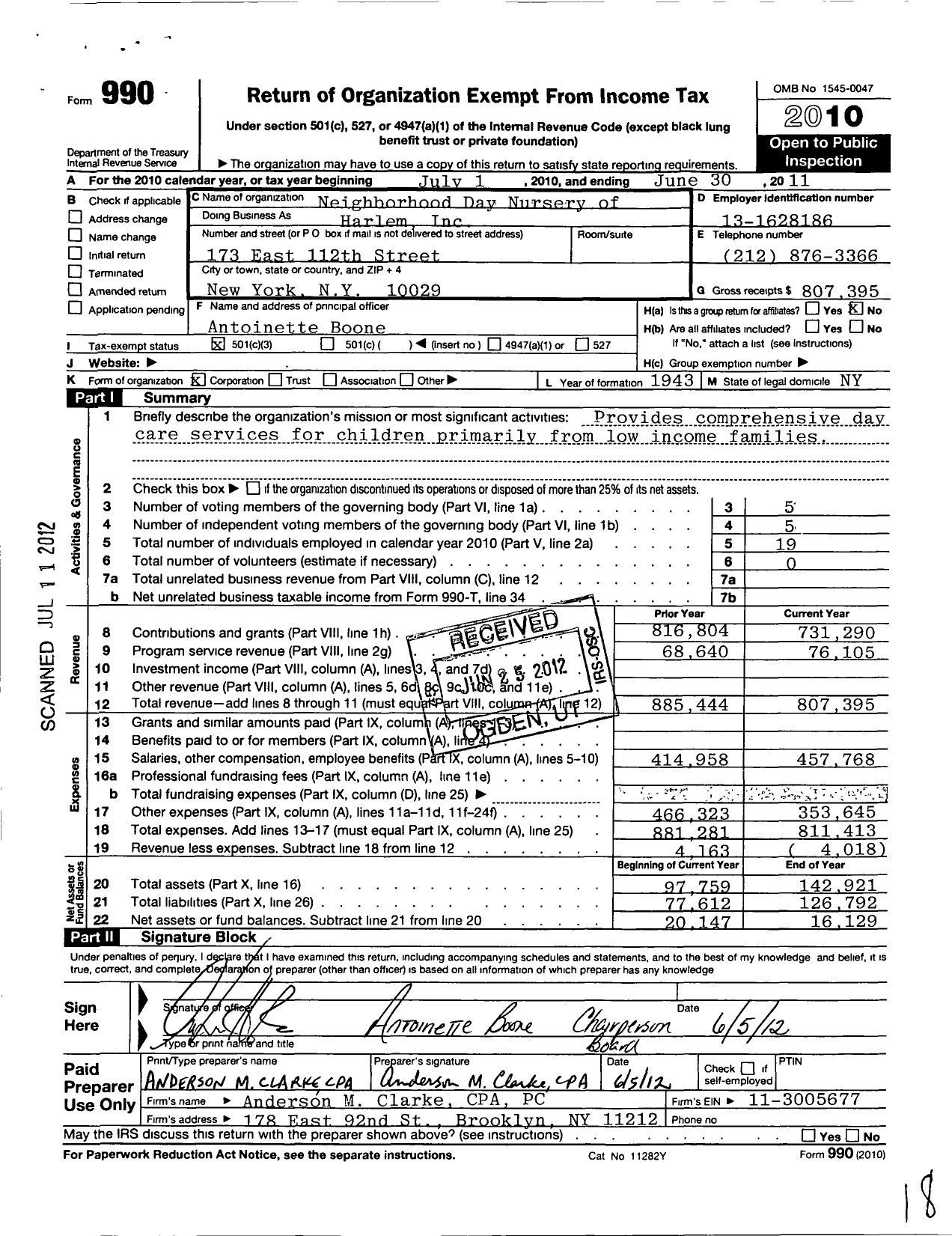 Image of first page of 2010 Form 990 for Neighborhood Day Nursery of Harlem