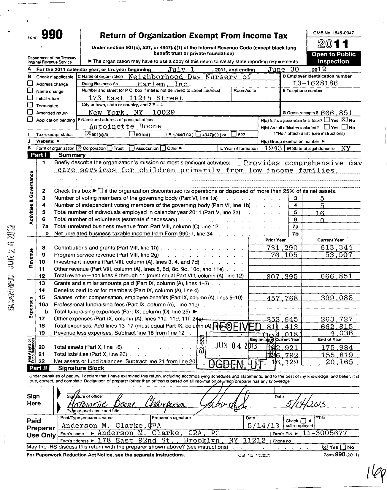 Image of first page of 2011 Form 990 for Neighborhood Day Nursery of Harlem