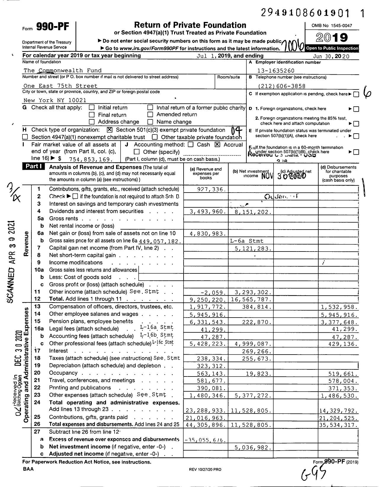 Image of first page of 2019 Form 990PF for Commonwealth Fund