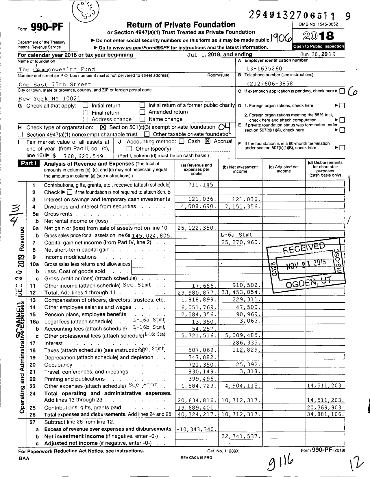 Image of first page of 2018 Form 990PF for Commonwealth Fund