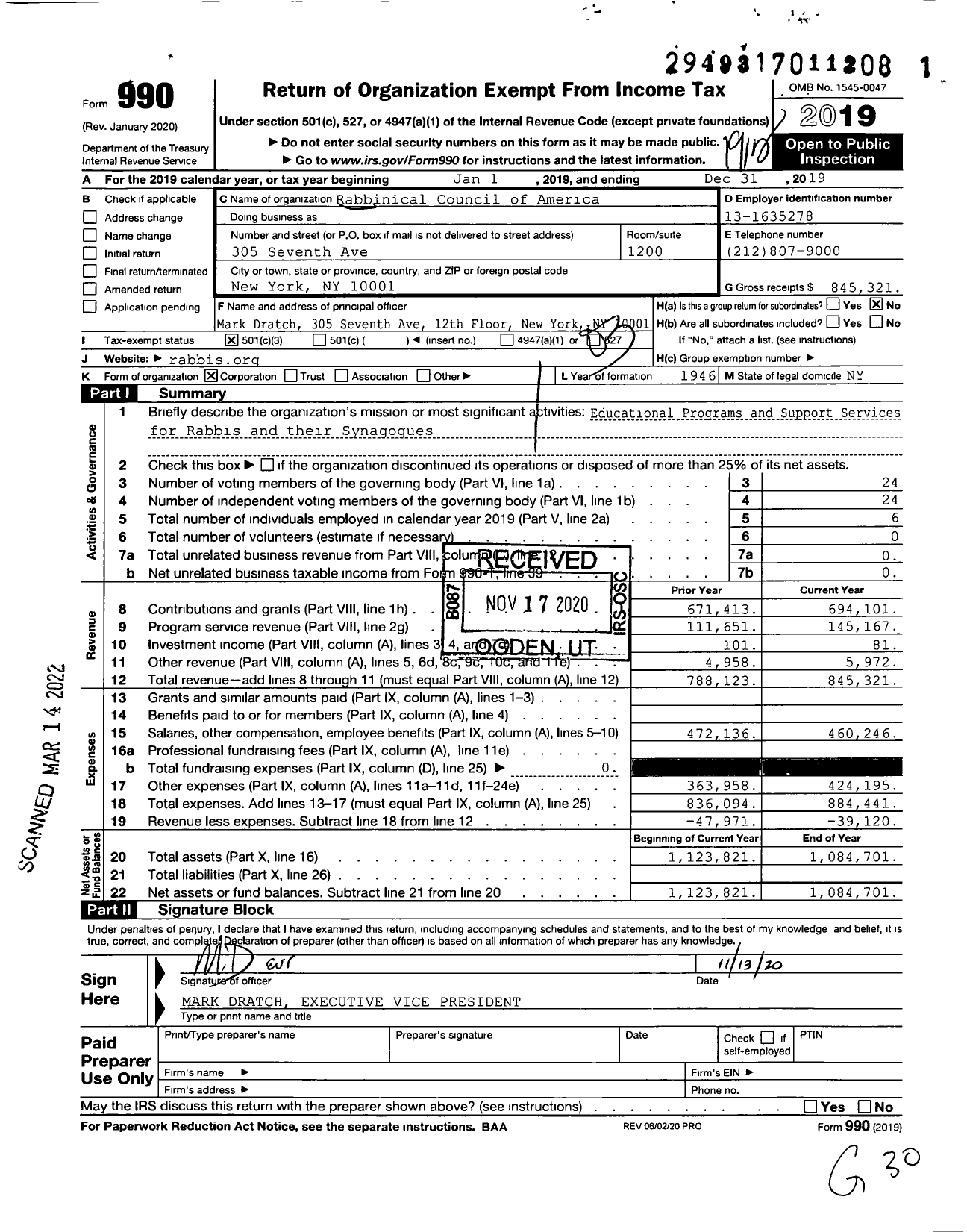 Image of first page of 2019 Form 990 for Rabbinical Council of America