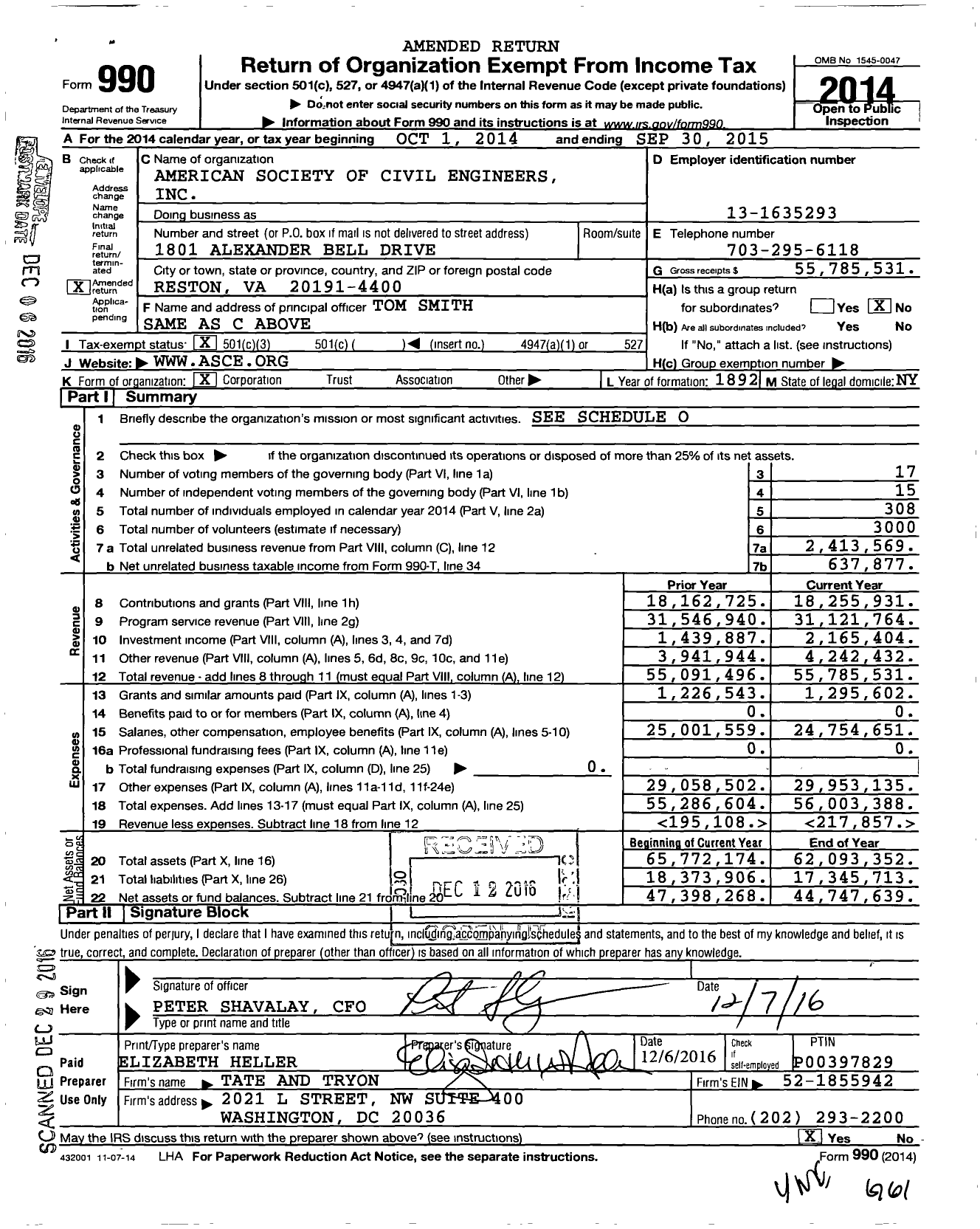 Image of first page of 2014 Form 990 for American Society of Civil Engineers (ASCE)