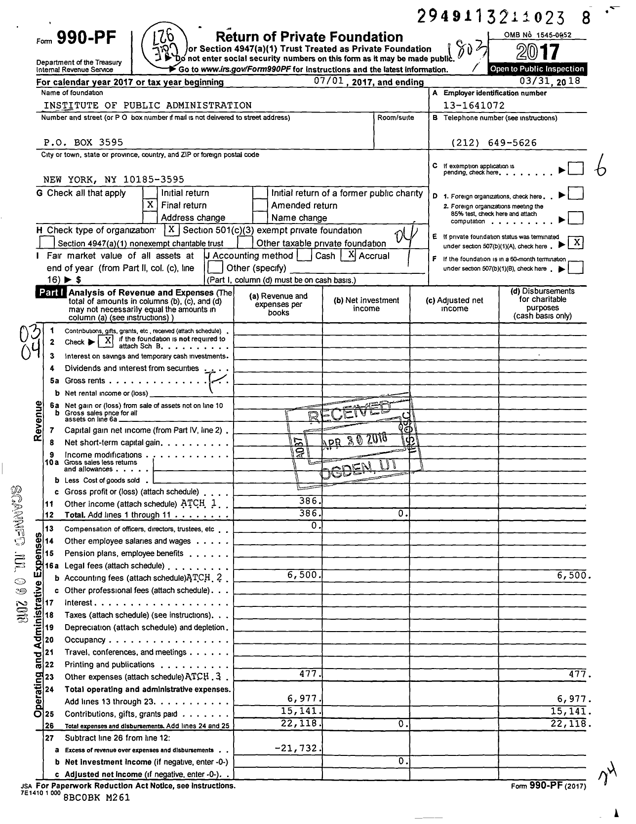 Image of first page of 2017 Form 990PF for Institute of Public Administration