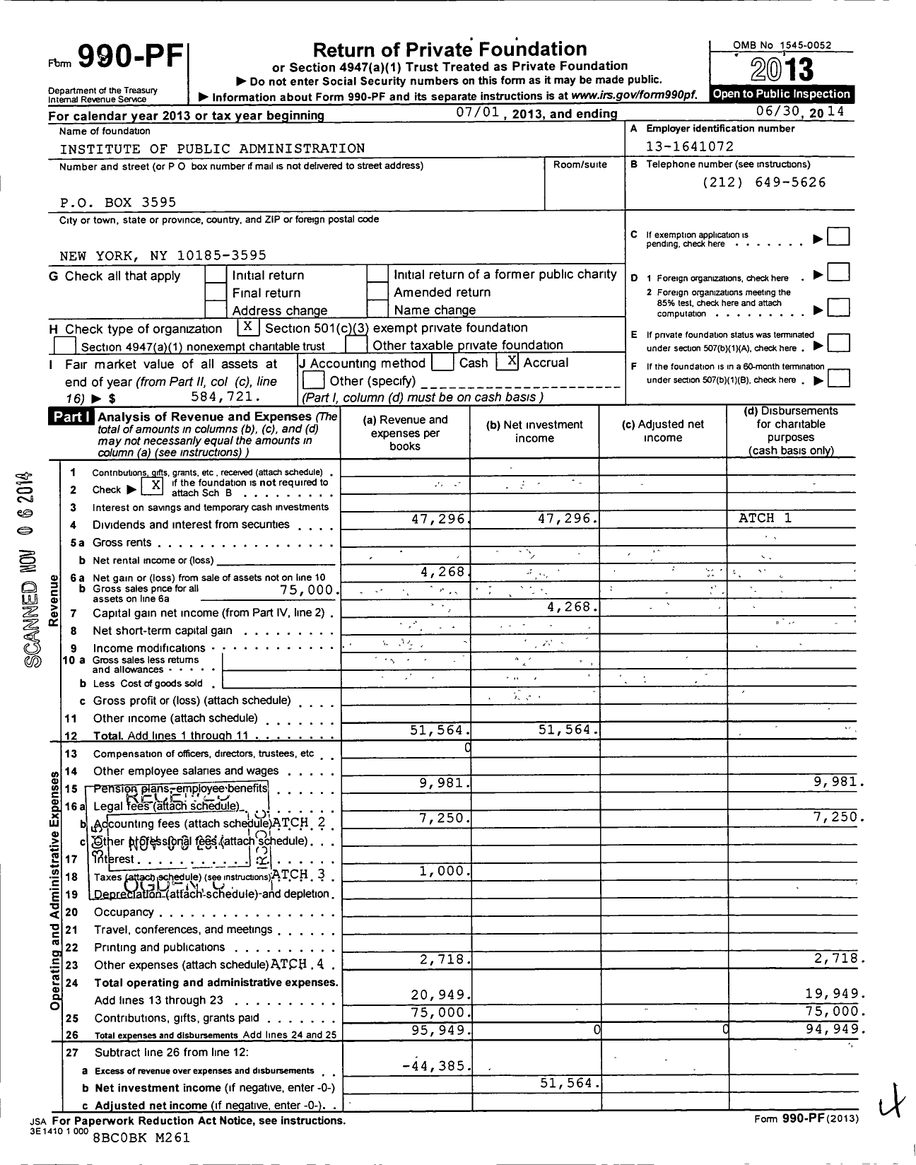 Image of first page of 2013 Form 990PF for Institute of Public Administration