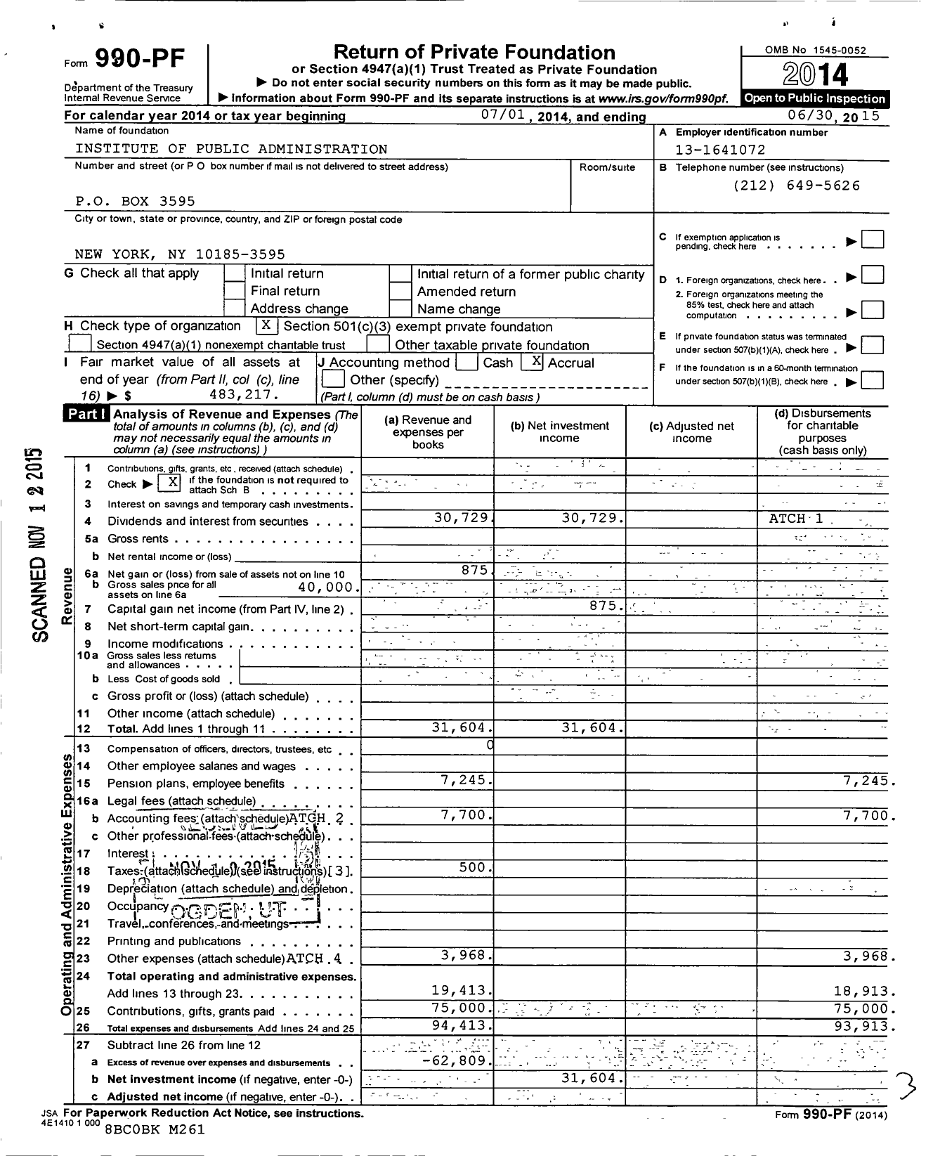 Image of first page of 2014 Form 990PF for Institute of Public Administration