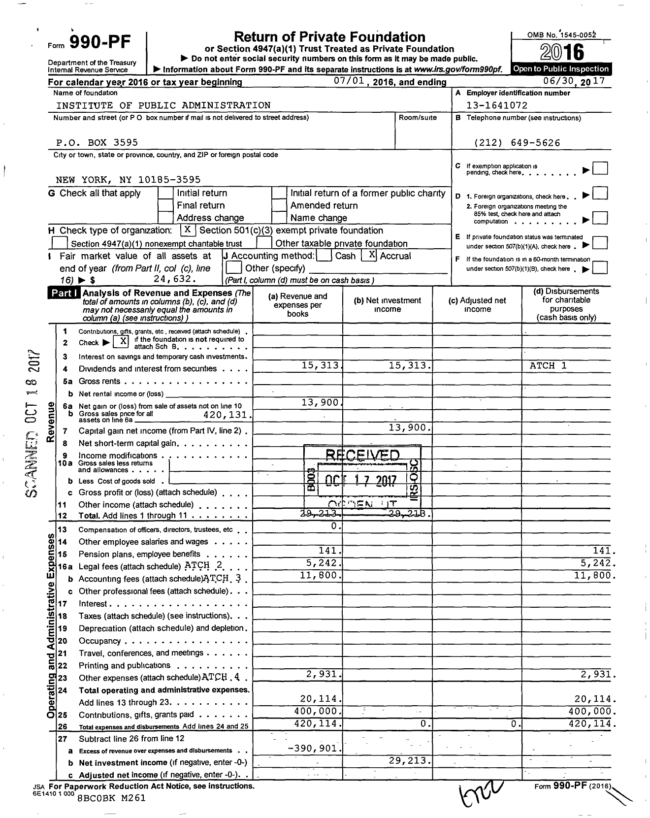 Image of first page of 2016 Form 990PF for Institute of Public Administration