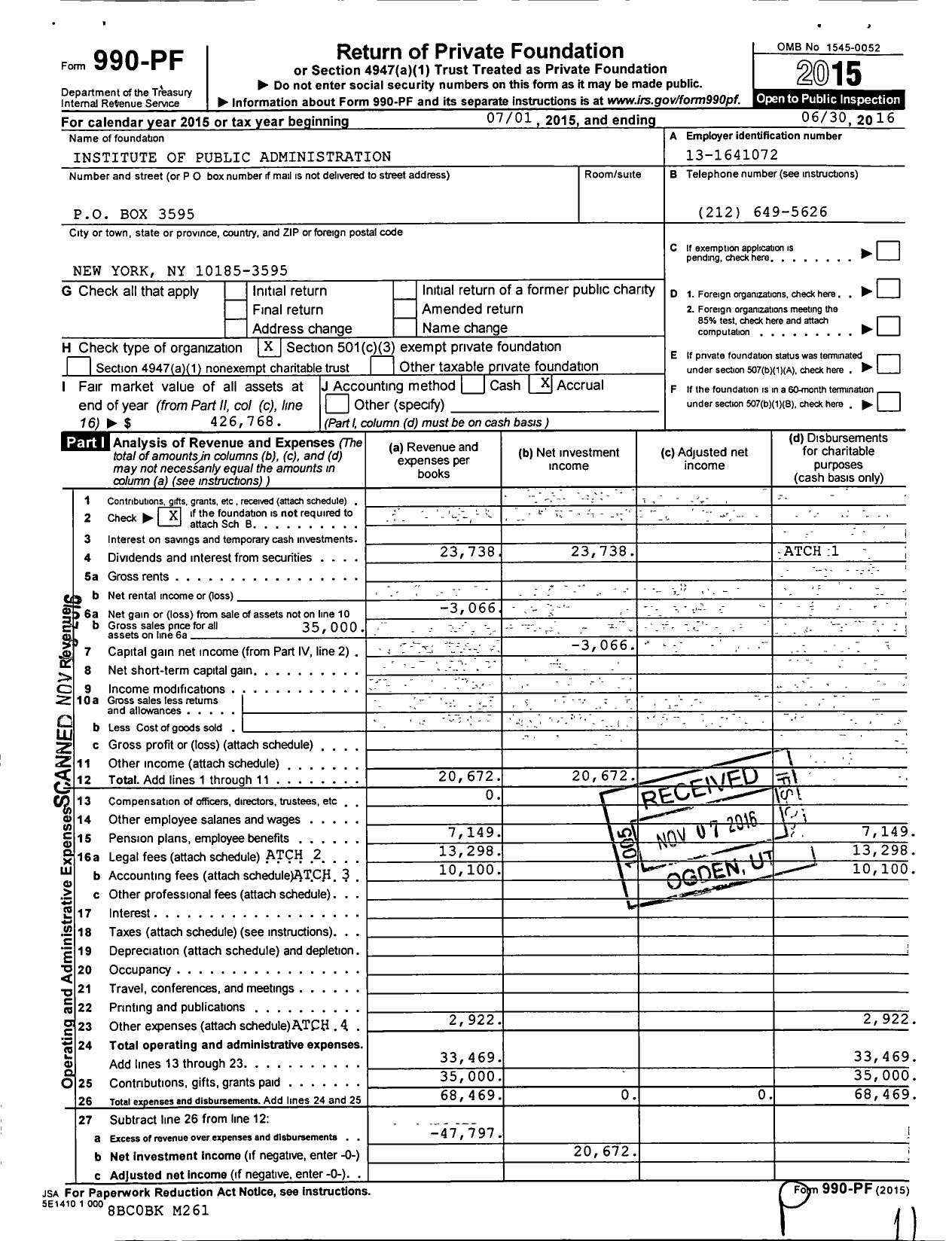 Image of first page of 2015 Form 990PF for Institute of Public Administration