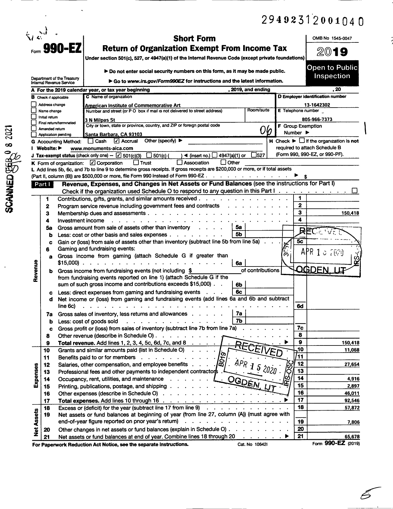 Image of first page of 2019 Form 990EO for American Institute of Commemorative Art