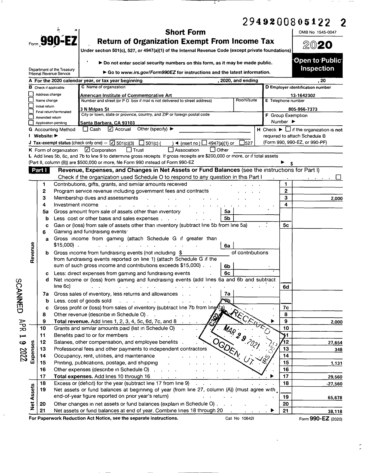 Image of first page of 2020 Form 990EZ for American Institute of Commemorative Art