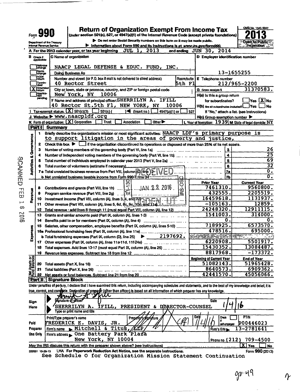 Image of first page of 2013 Form 990 for National Association for the Advancement of Colored People Legal Defense and Educational Fund (NAACPLDEF)