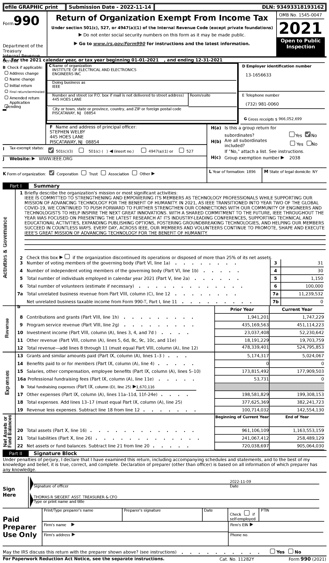 Image of first page of 2021 Form 990 for Institute of Electrical and Electronics Engineers (IEEE)