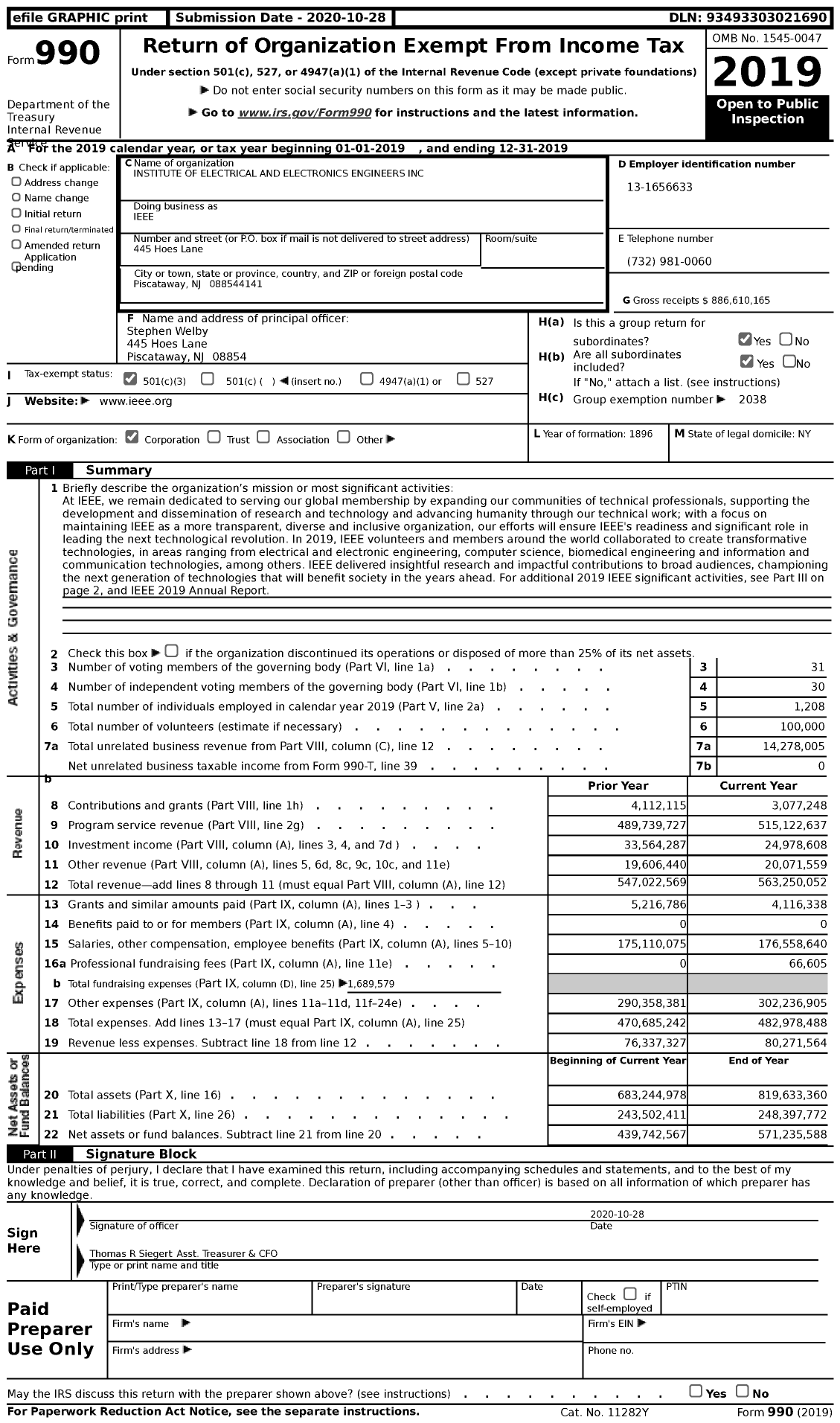 Image of first page of 2019 Form 990 for Institute of Electrical and Electronics Engineers (IEEE)