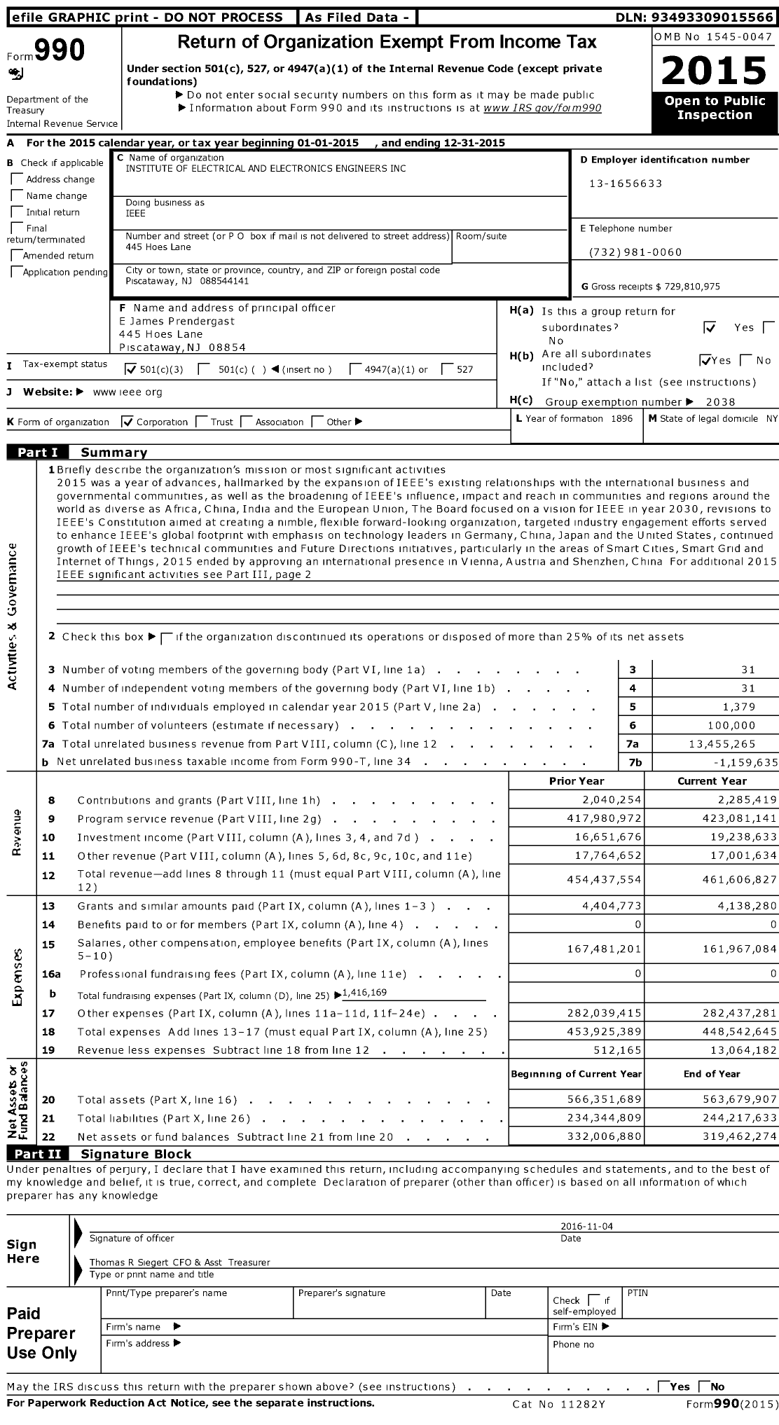 Image of first page of 2015 Form 990 for Institute of Electrical and Electronics Engineers (IEEE)